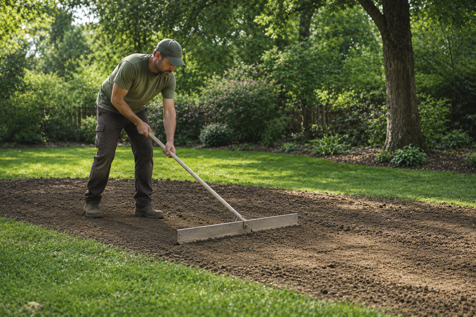 Man working on preparing soil in a garden or yard during daytime