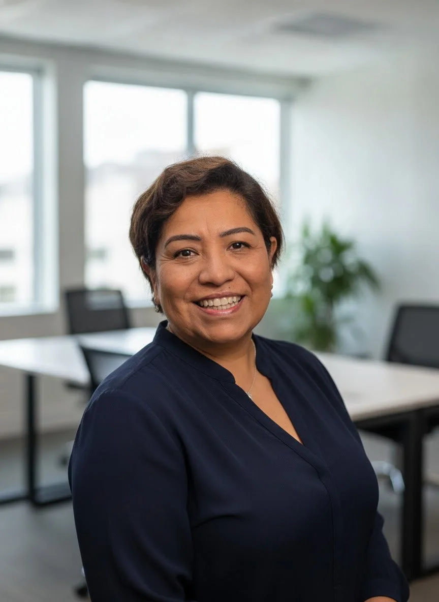 A smiling woman in a navy blue blouse standing in a modern office with large windows and a plant in the background.