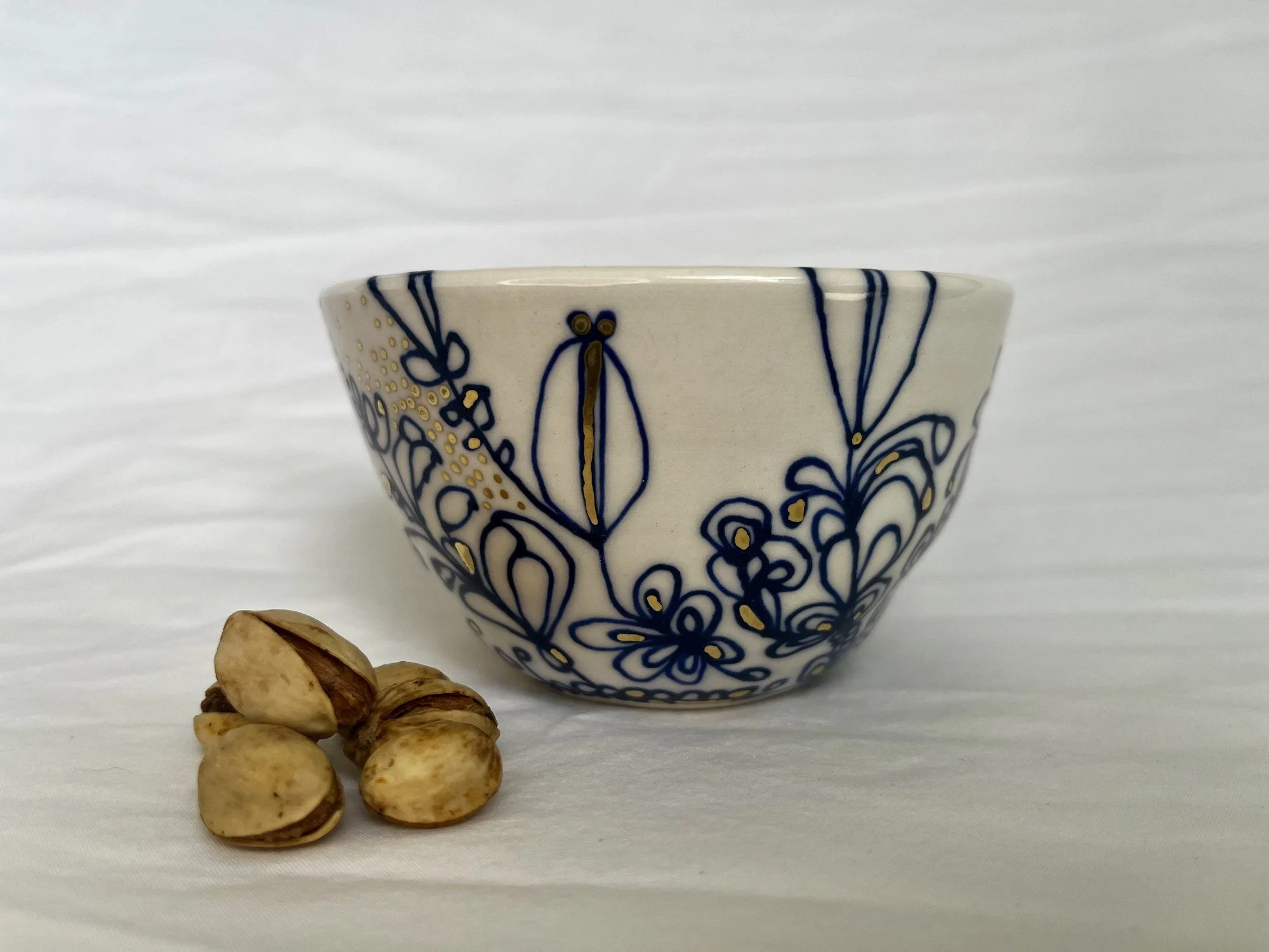 Hand-painted cobalt blue and gold luster porcelain bowl No. 013 by Cypress Knees Ceramics