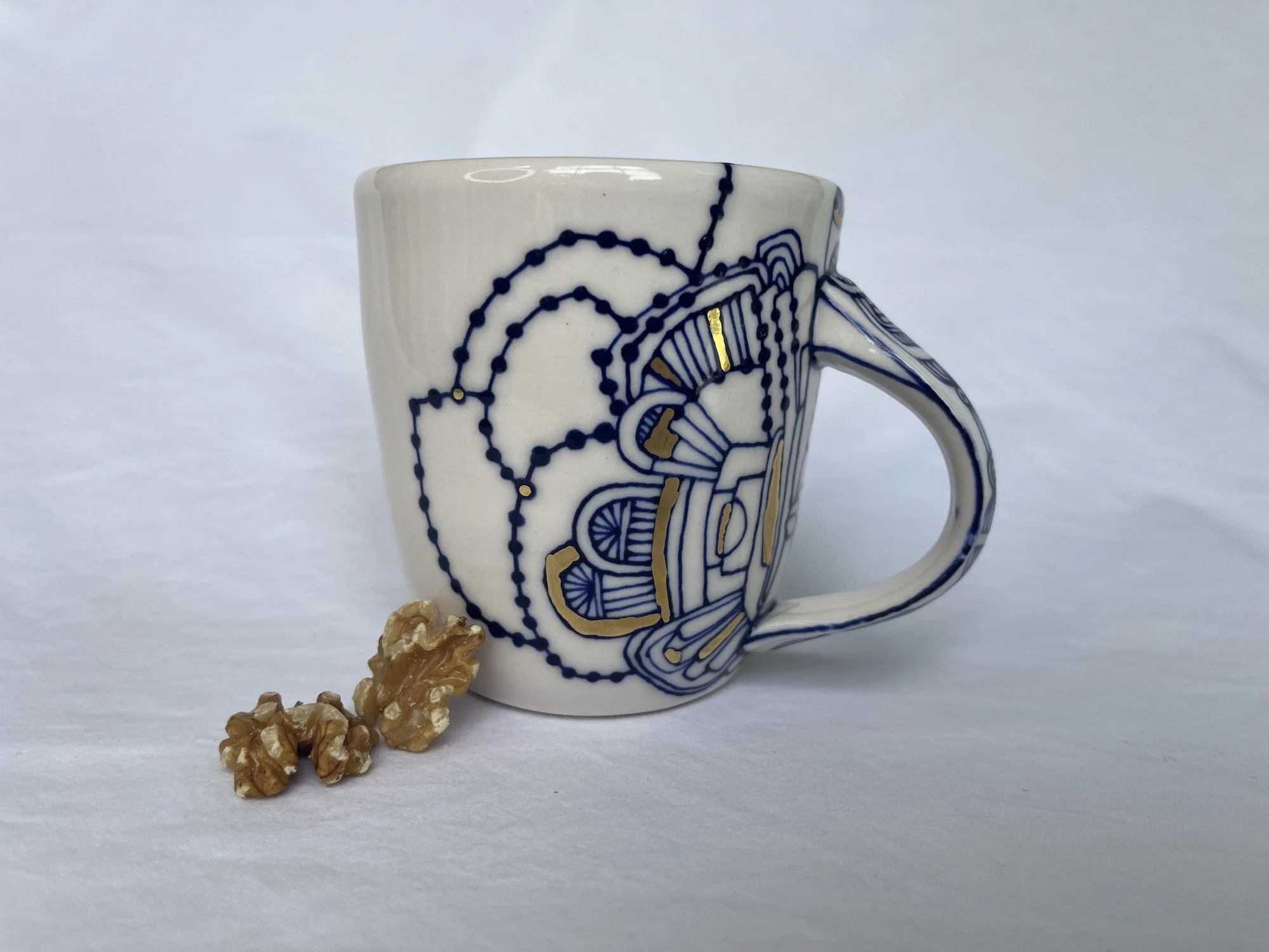 Hand-painted cobalt blue and gold luster porcelain mug No. 006 by Cypress Knees Ceramics