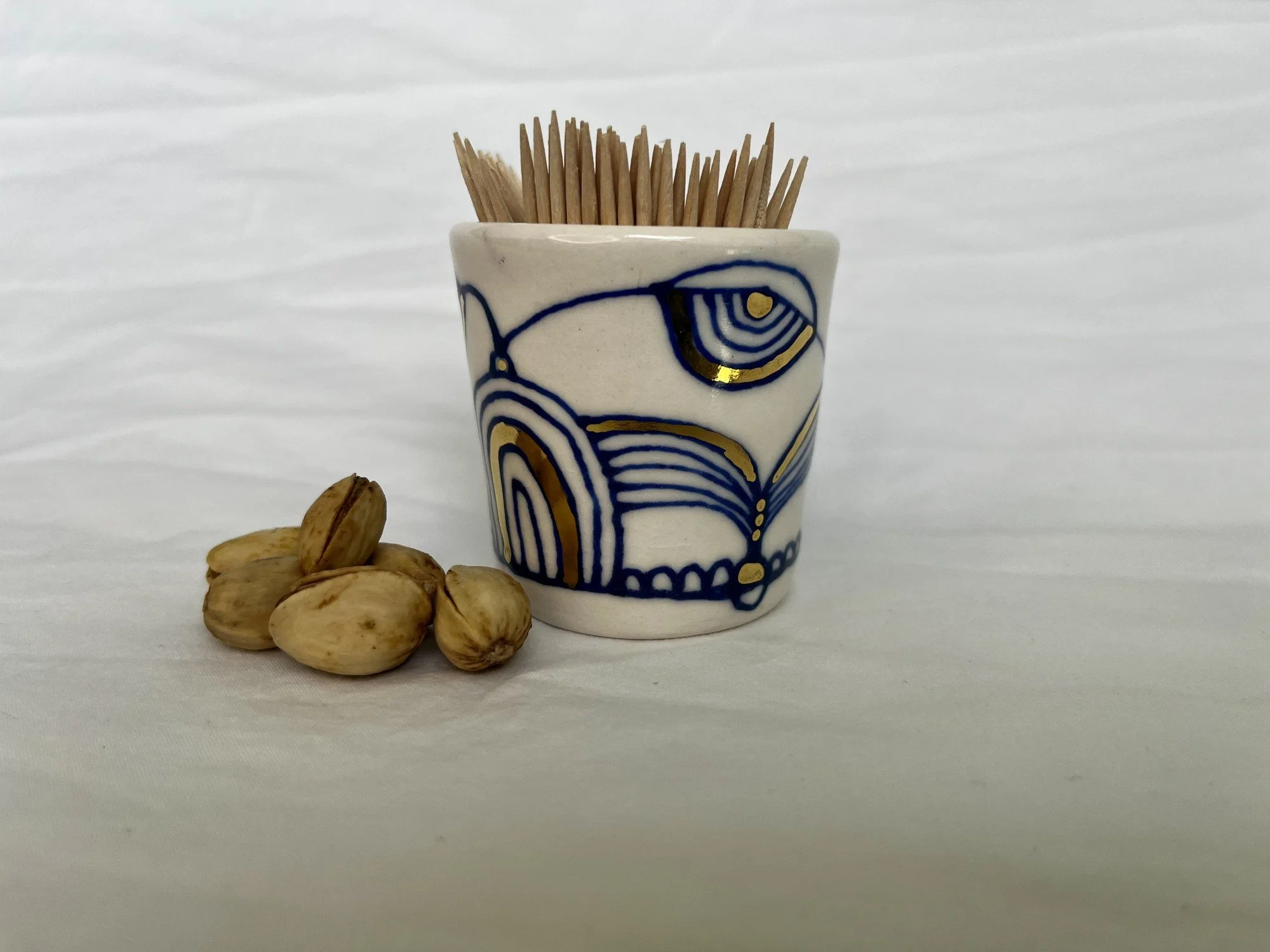 Cobalt blue line work and gold luster detail on handmade porcelain small cup No. 002