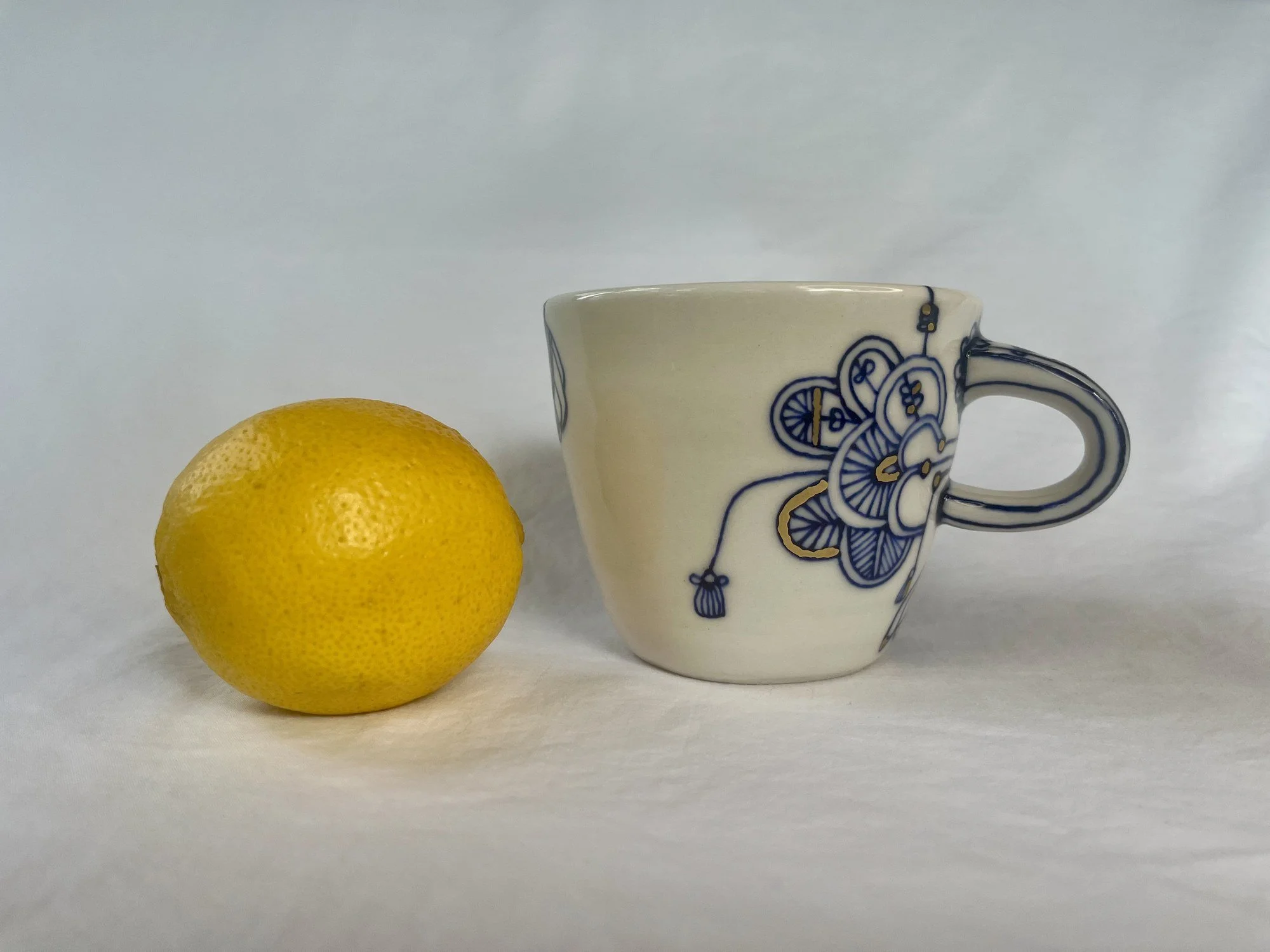 Hand-painted cobalt blue and gold luster porcelain mug No. 019 by Cypress Knees Ceramics