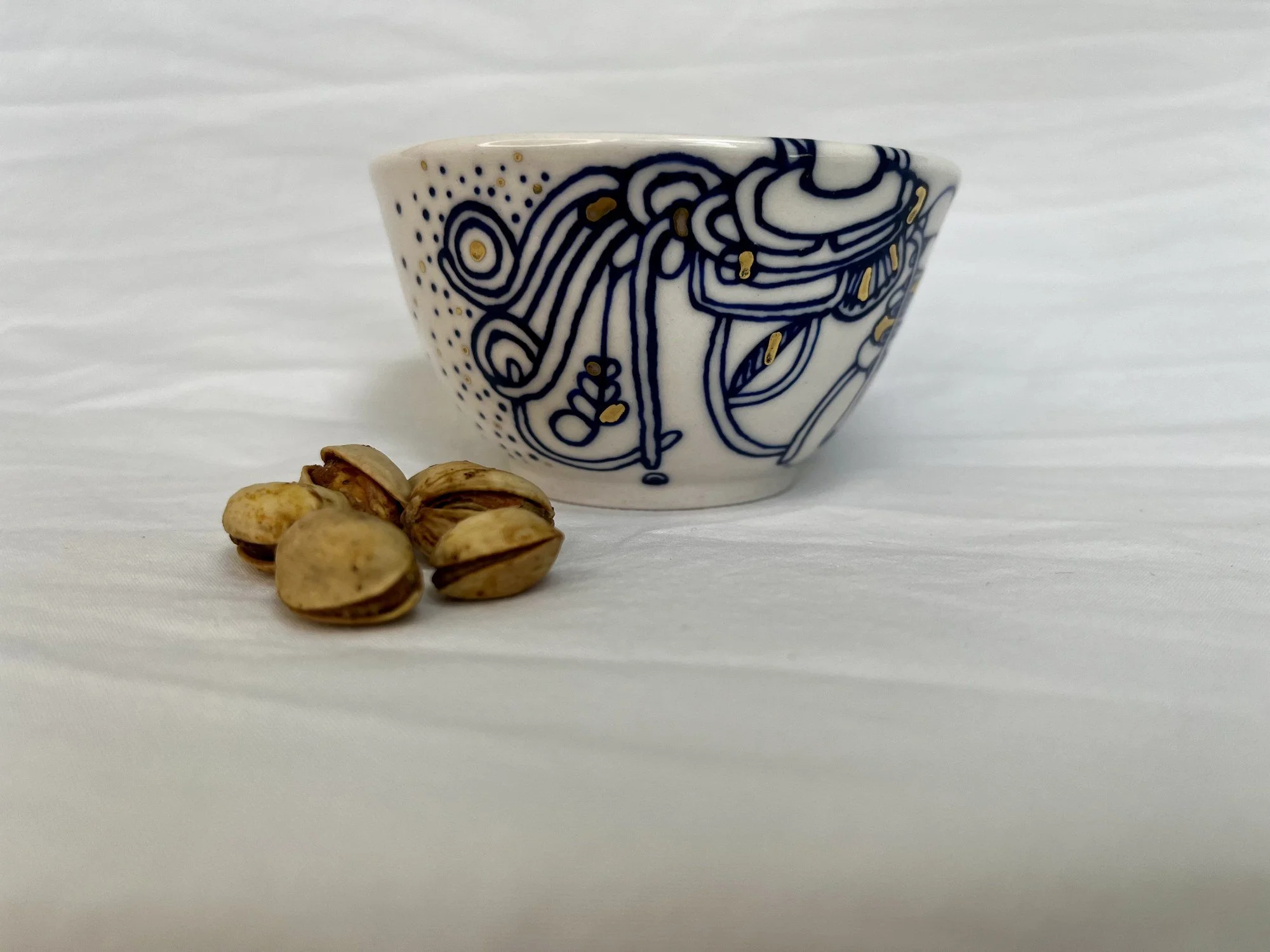 Cobalt blue line work and gold luster detail on handmade porcelain bowl No. 007