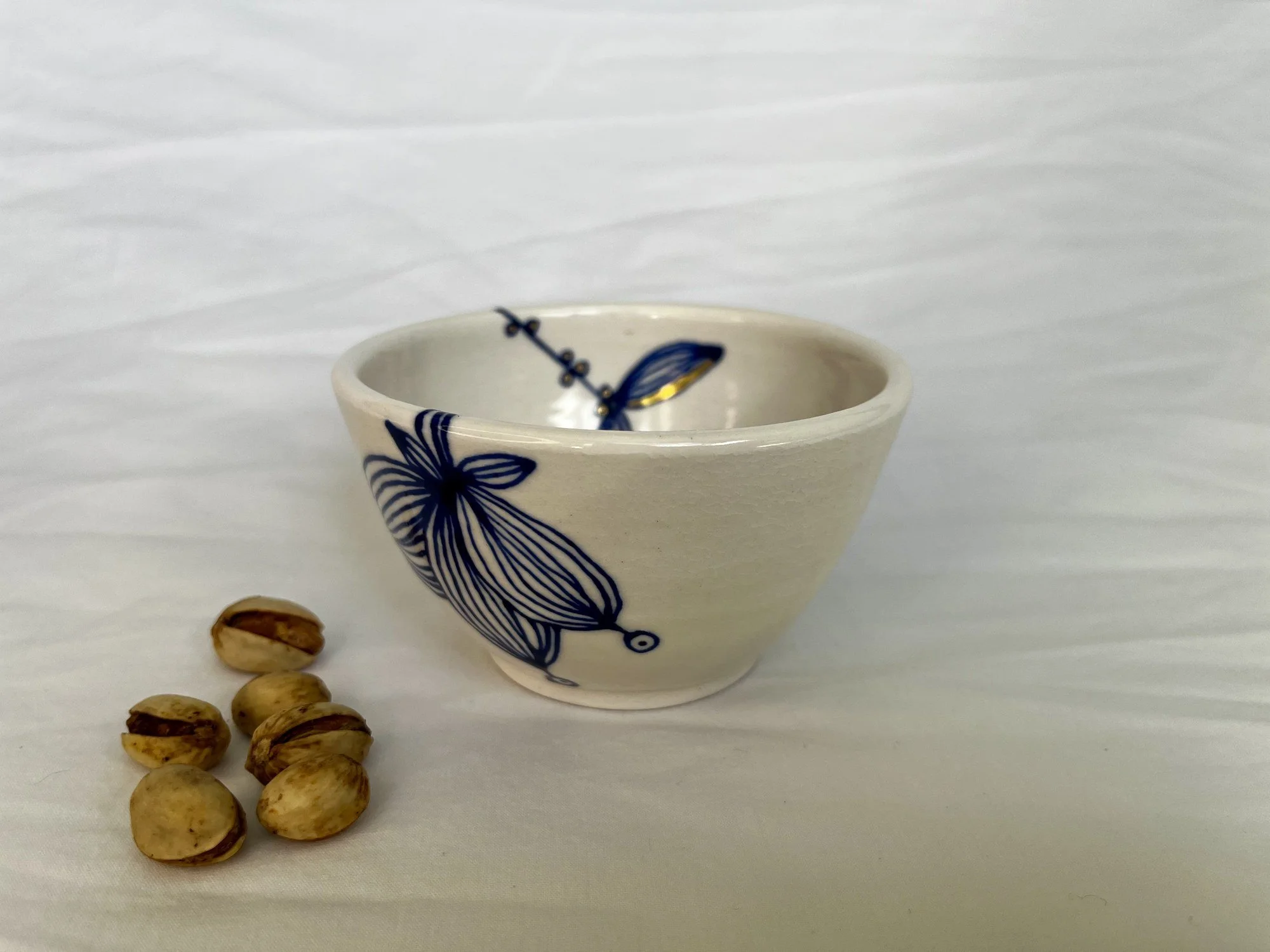 Cobalt blue line work and gold luster detail on handmade porcelain bowl No. 010