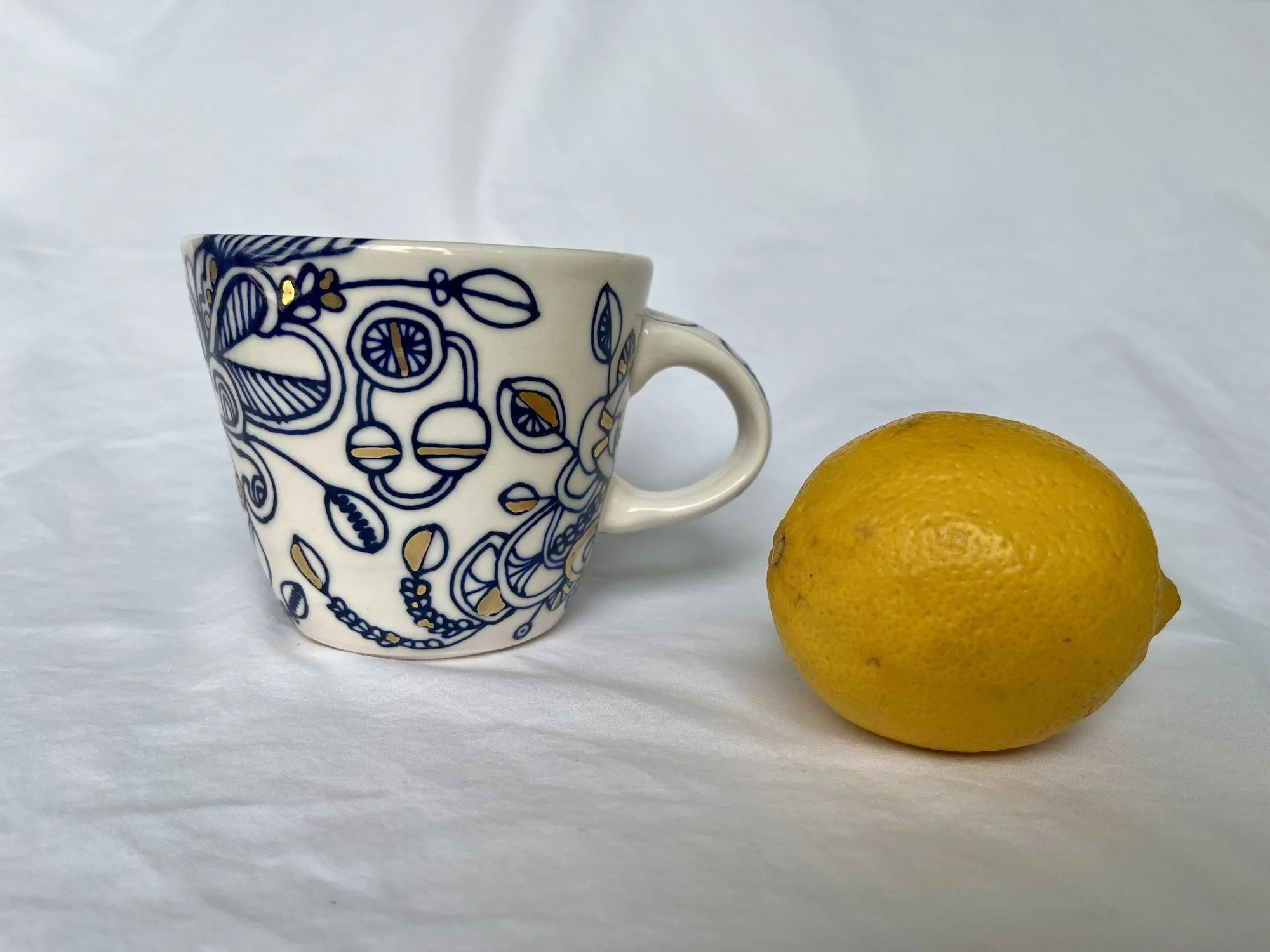Hand-painted cobalt blue and gold luster porcelain mug No. 004 by Cypress Knees Ceramics