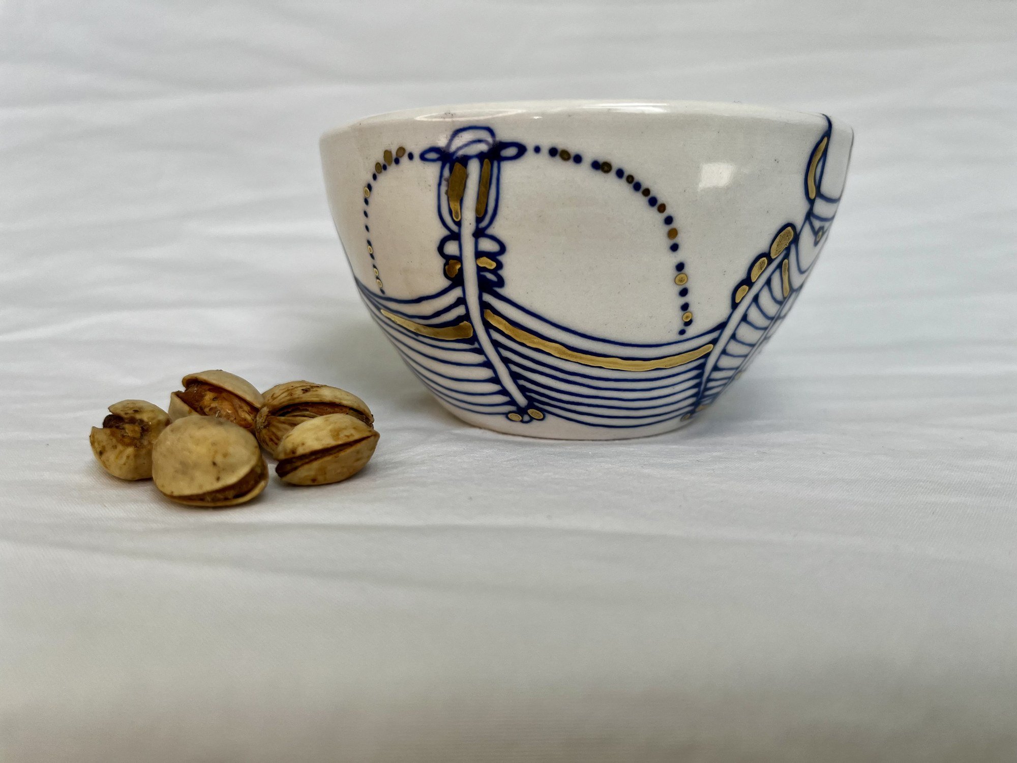 Cobalt blue line work and gold luster detail on handmade porcelain bowl No. 006