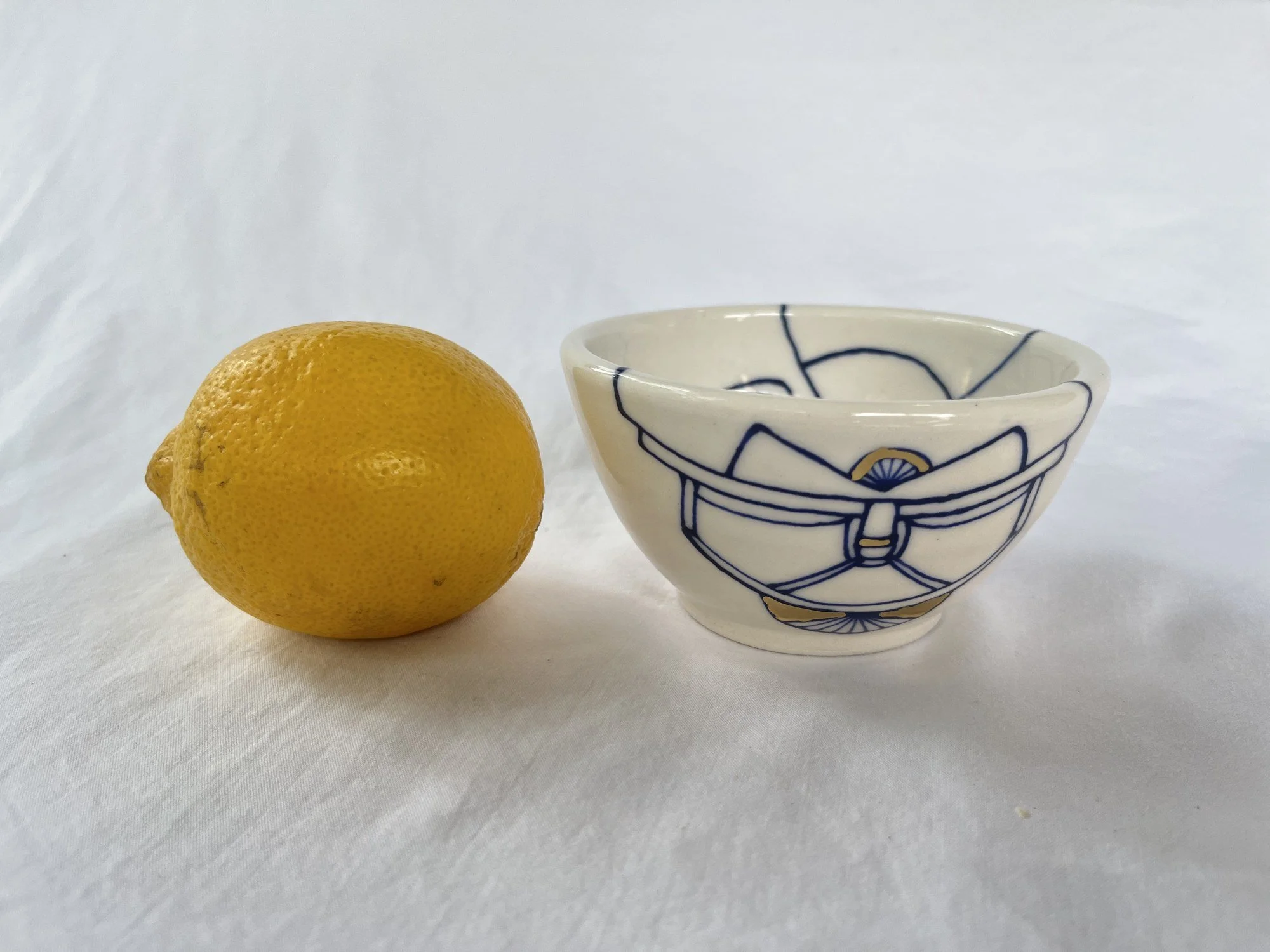 Cobalt blue line work and gold luster detail on handmade porcelain bowl No. 004