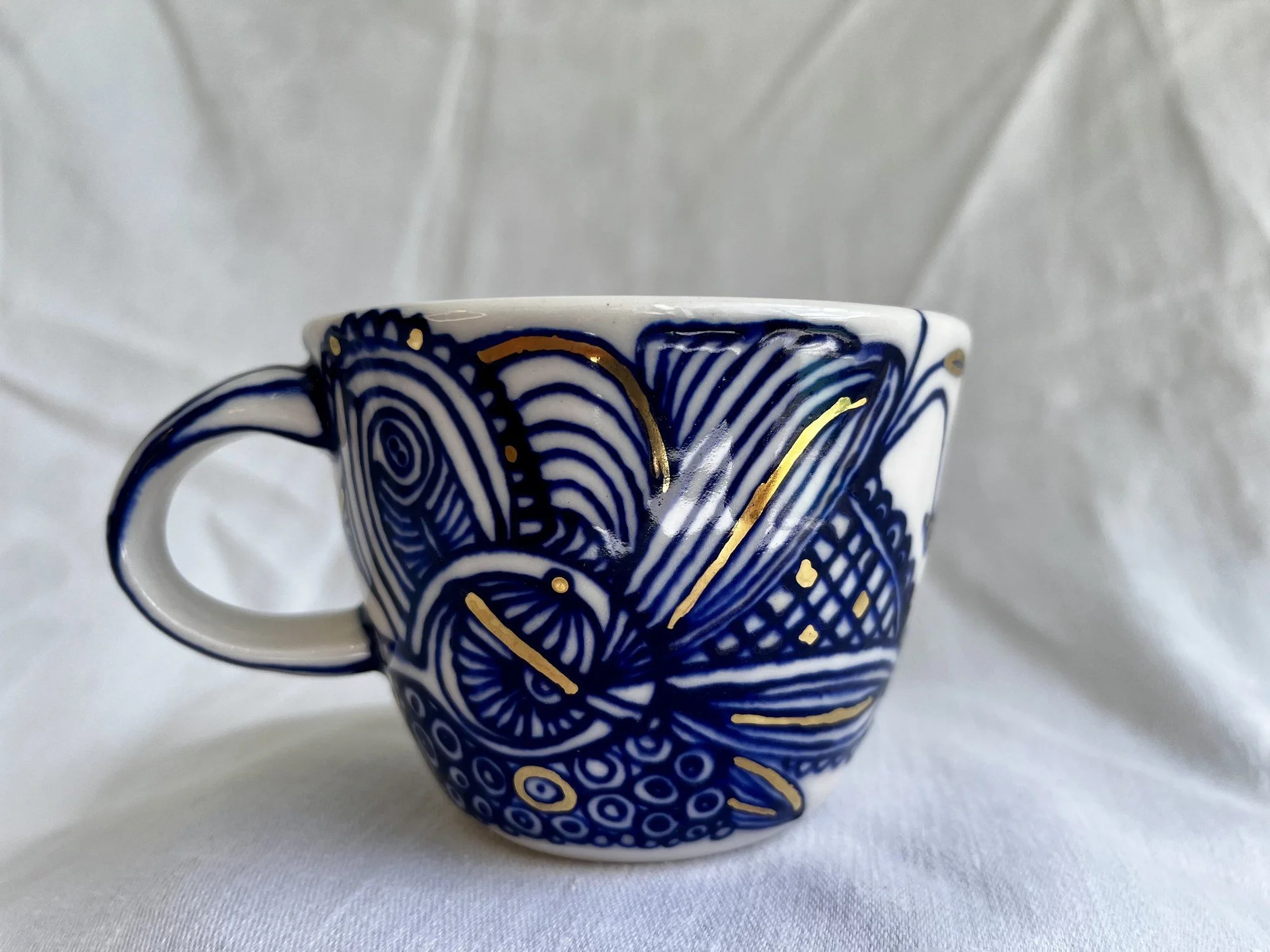Hand-painted cobalt blue and gold luster porcelain mug No. 031 by Cypress Knees Ceramics