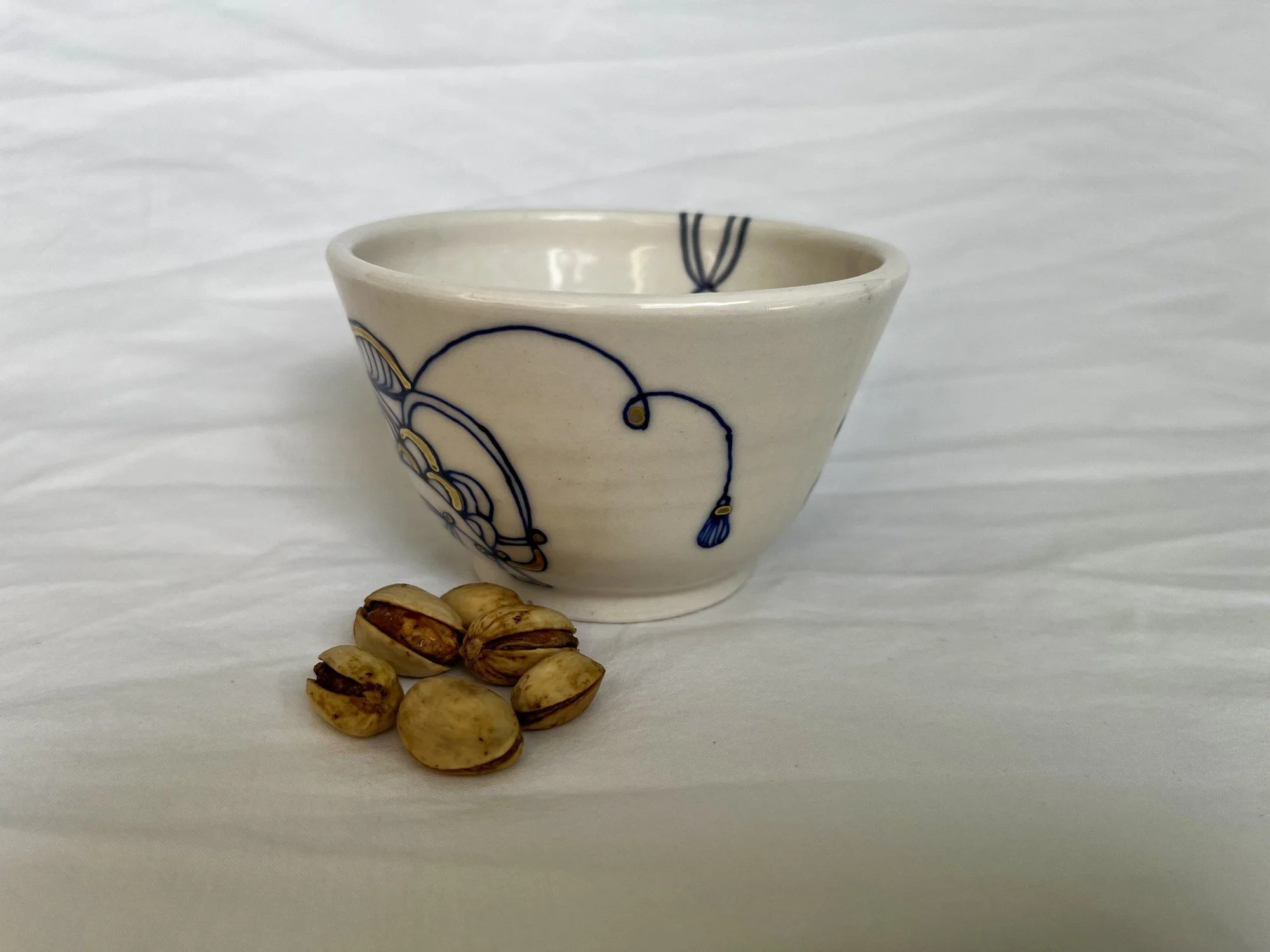 Cobalt blue line work and gold luster detail on handmade porcelain bowl No. 005