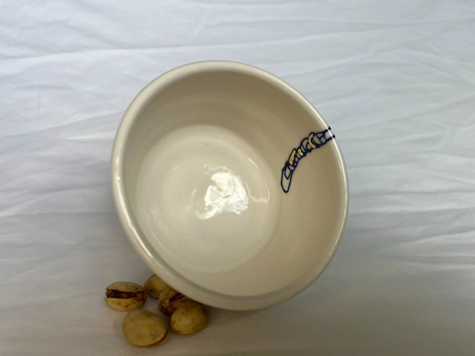 Cobalt blue line work and gold luster detail on handmade porcelain bowl No. 012