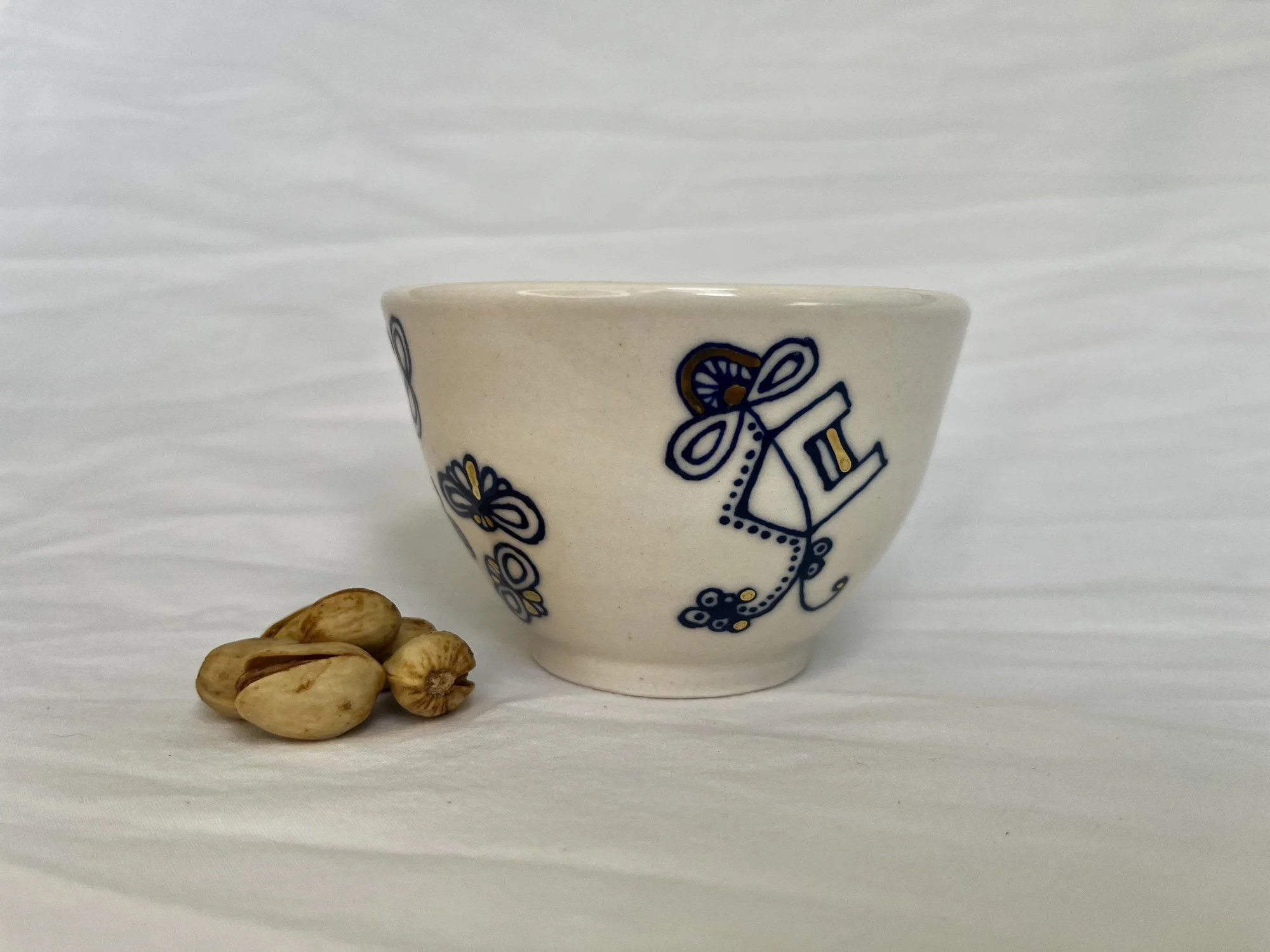 Cobalt blue line work and gold luster detail on handmade porcelain bowl No. 015