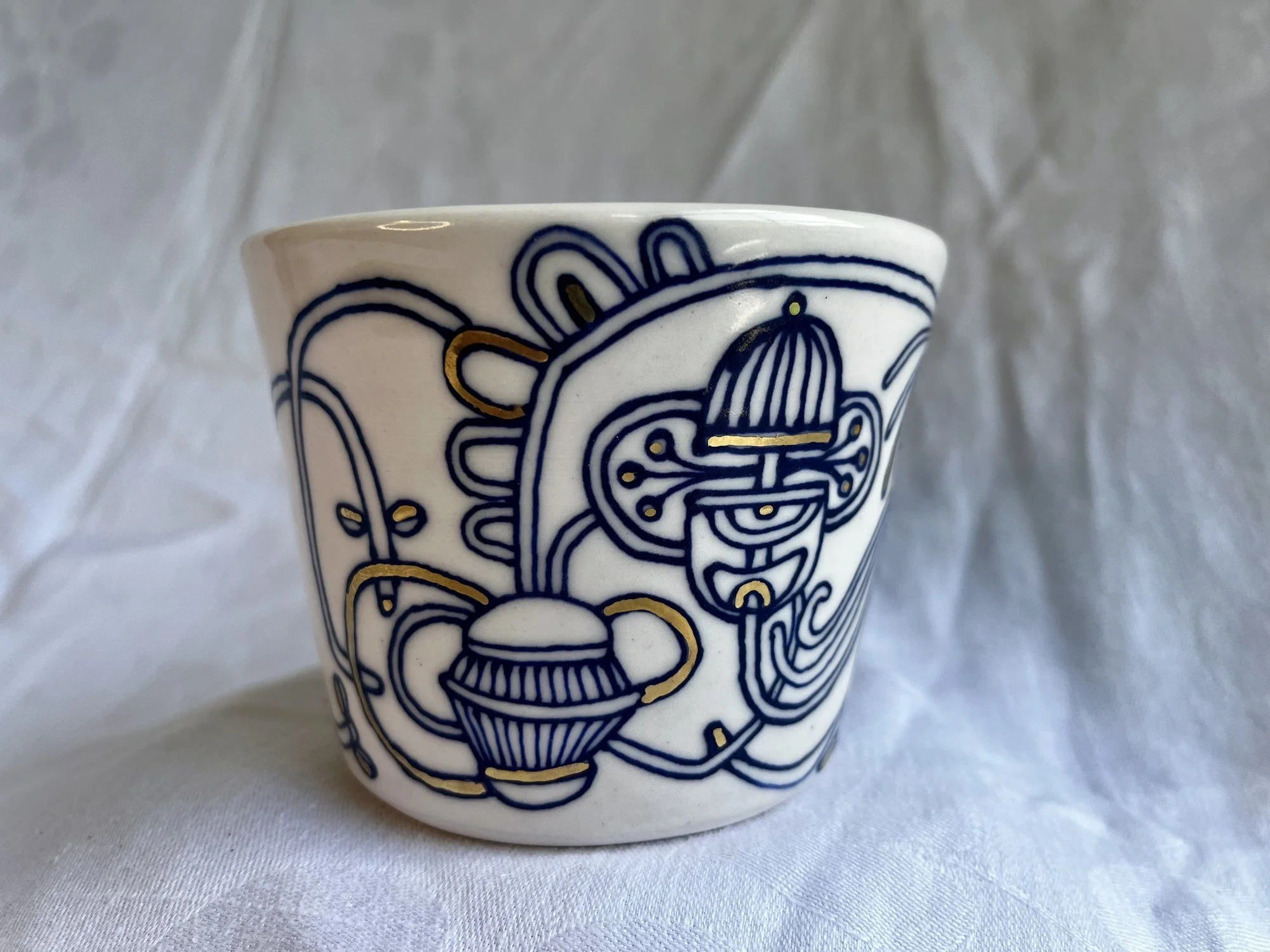 Cobalt blue line work and gold luster detail on handmade porcelain tumbler No. 002