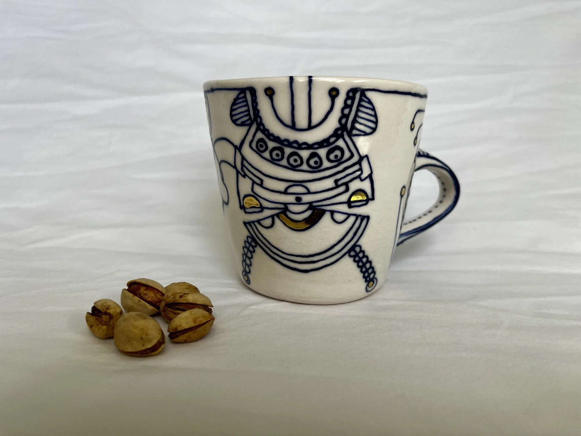 Cobalt blue line work and gold luster detail on handmade porcelain mug No. 023