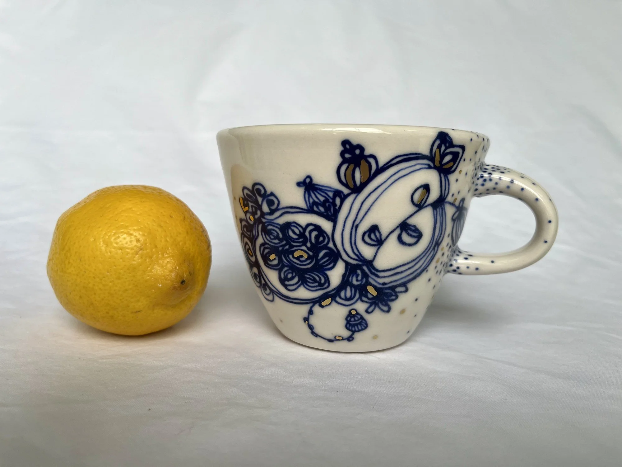 Hand-painted cobalt blue and gold luster porcelain mug No. 016 by Cypress Knees Ceramics