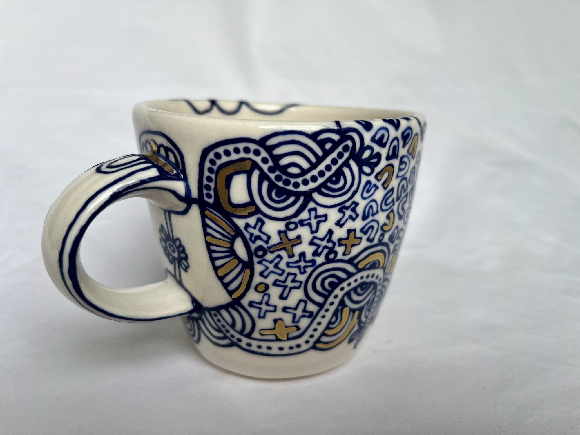 Hand-painted cobalt blue and gold luster porcelain mug No. 012 by Cypress Knees Ceramics