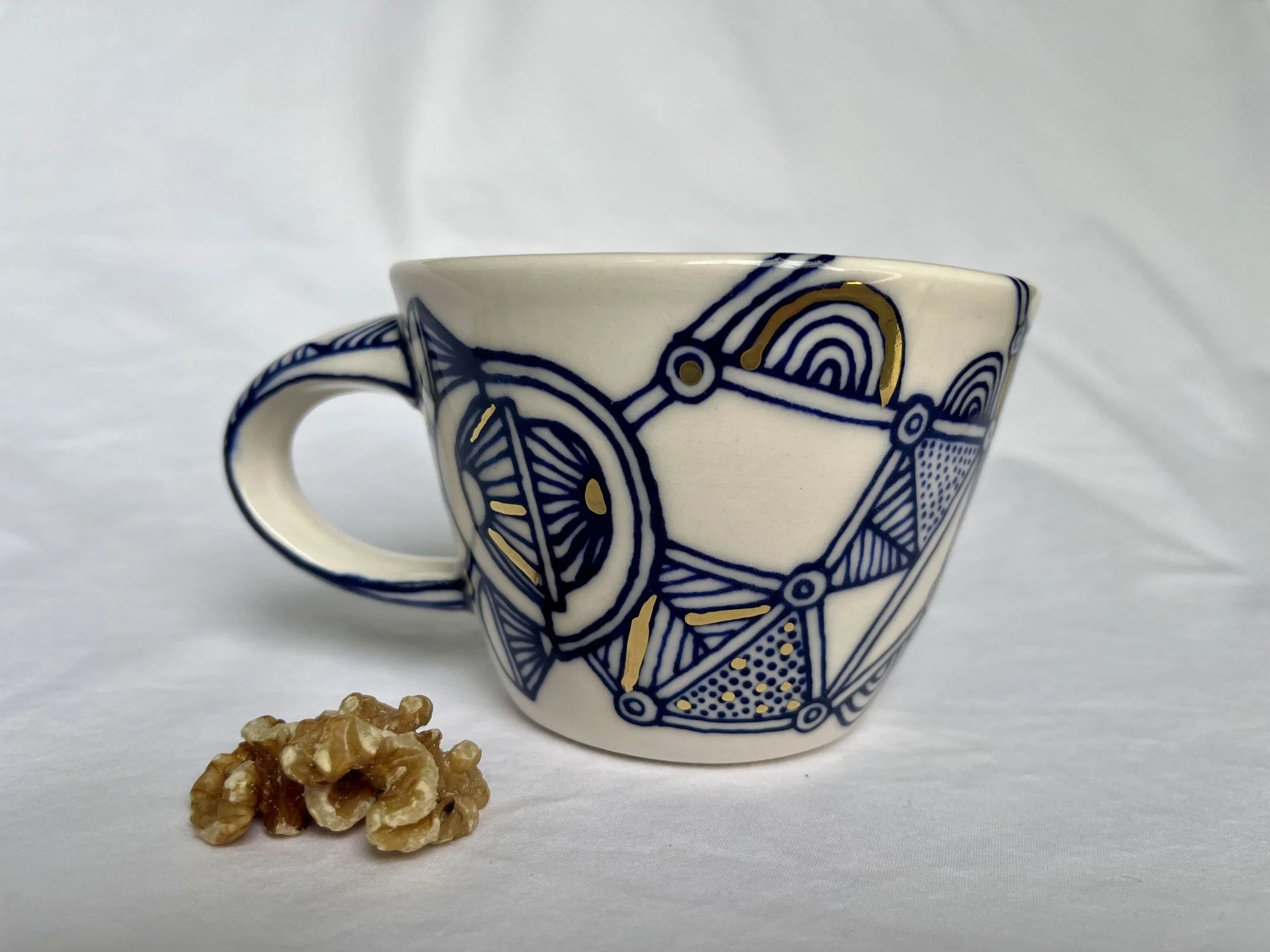 Hand-painted cobalt blue and gold luster porcelain mug No. 011 by Cypress Knees Ceramics