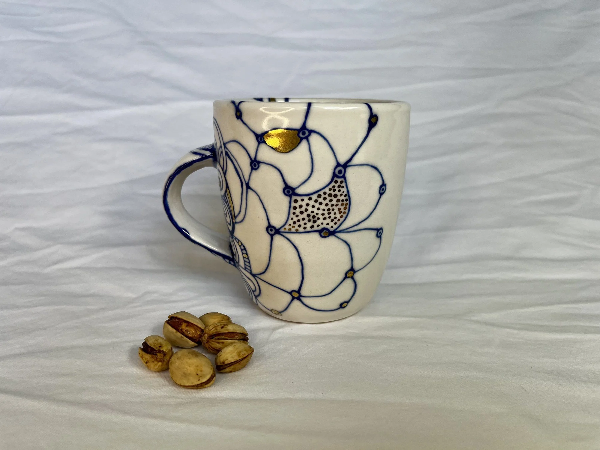 Hand-painted cobalt blue and gold luster porcelain mug No. 025 by Cypress Knees Ceramics