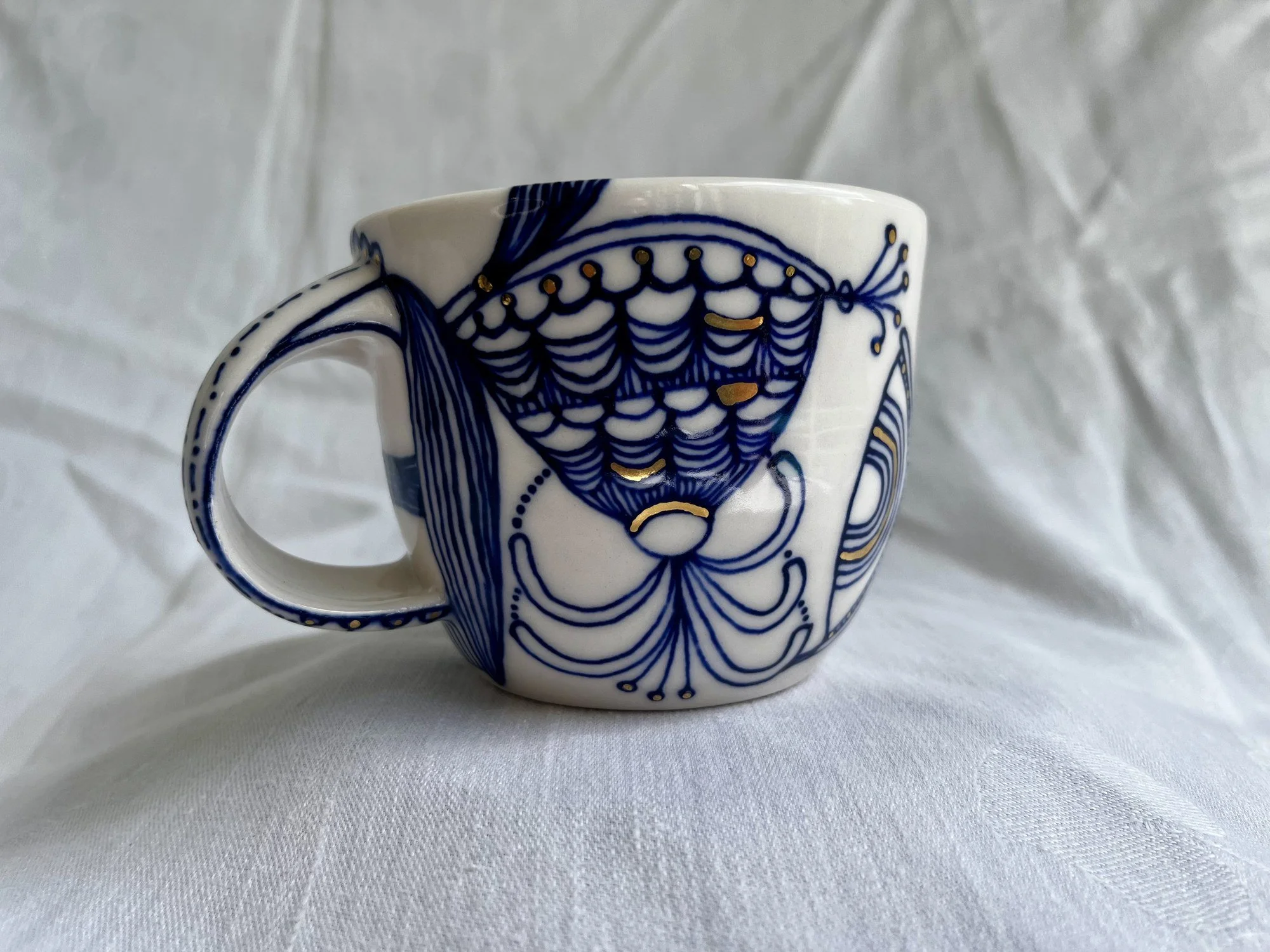 Hand-painted cobalt blue and gold luster porcelain mug No. 029 by Cypress Knees Ceramics