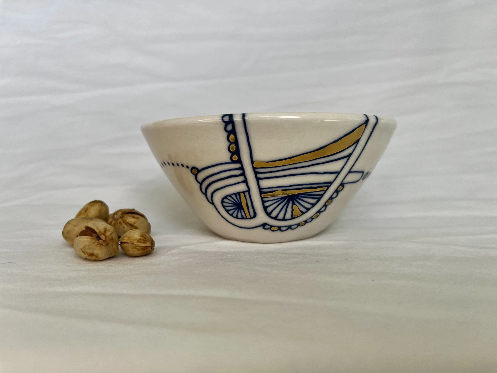 Hand-painted cobalt blue and gold luster porcelain bowl No. 014 by Cypress Knees Ceramics