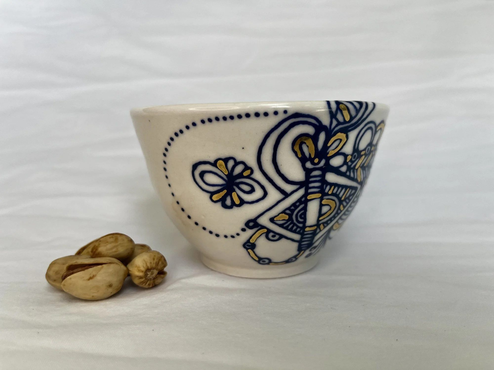 Hand-painted cobalt blue and gold luster porcelain bowl No. 015 by Cypress Knees Ceramics