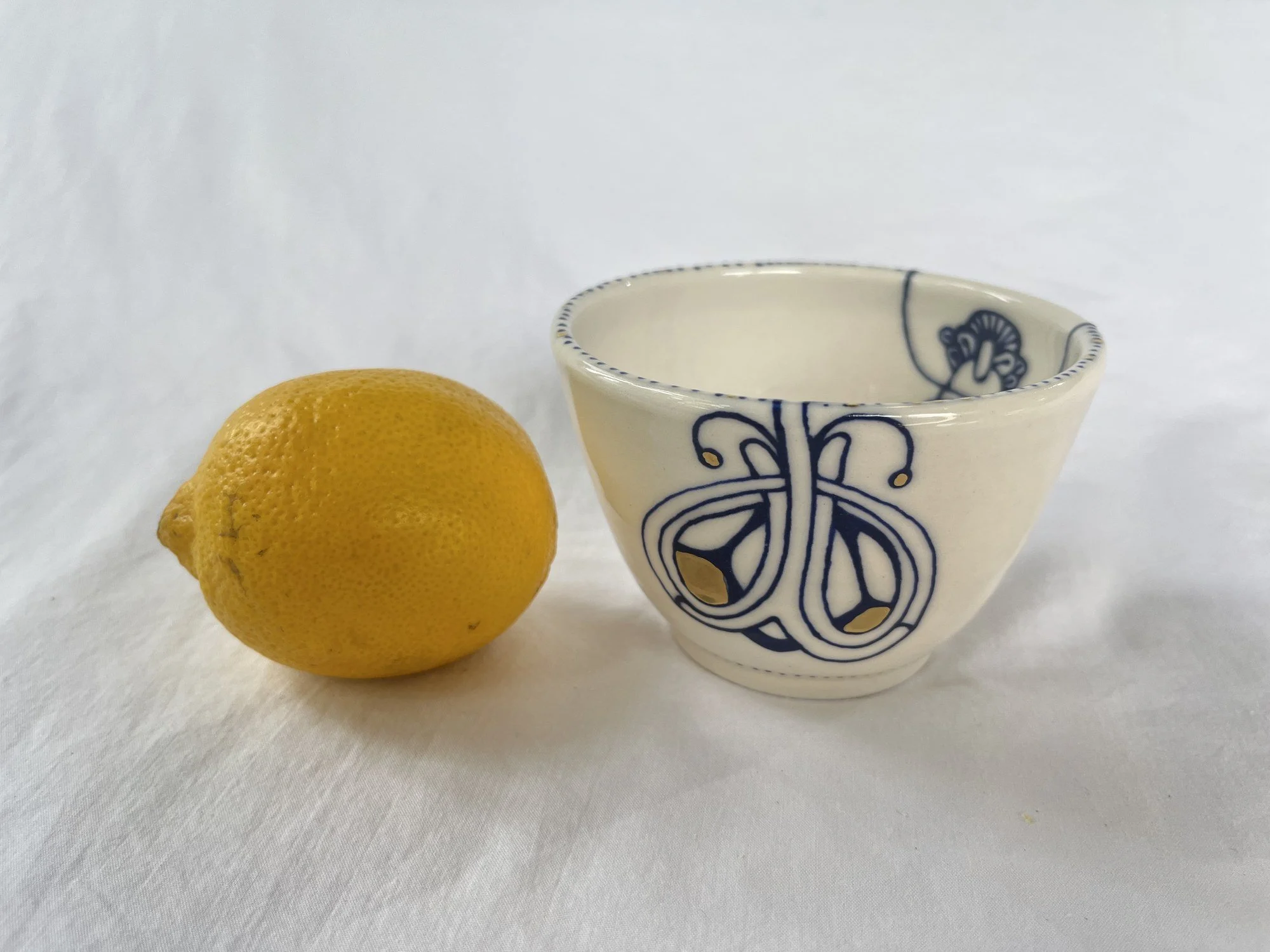Cobalt blue line work and gold luster detail on handmade porcelain bowl No. 003