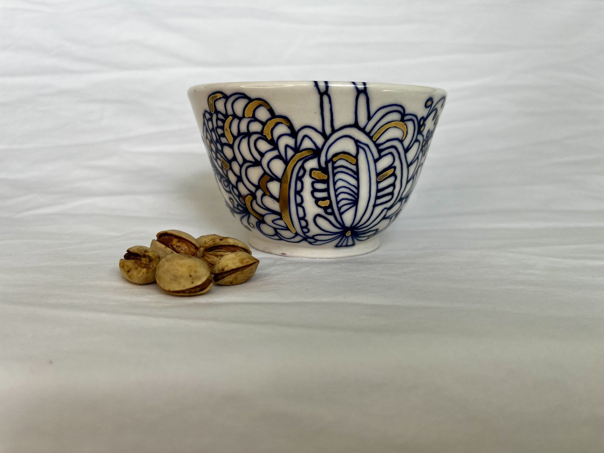 Hand-painted cobalt blue and gold luster porcelain bowl No. 005 by Cypress Knees Ceramics