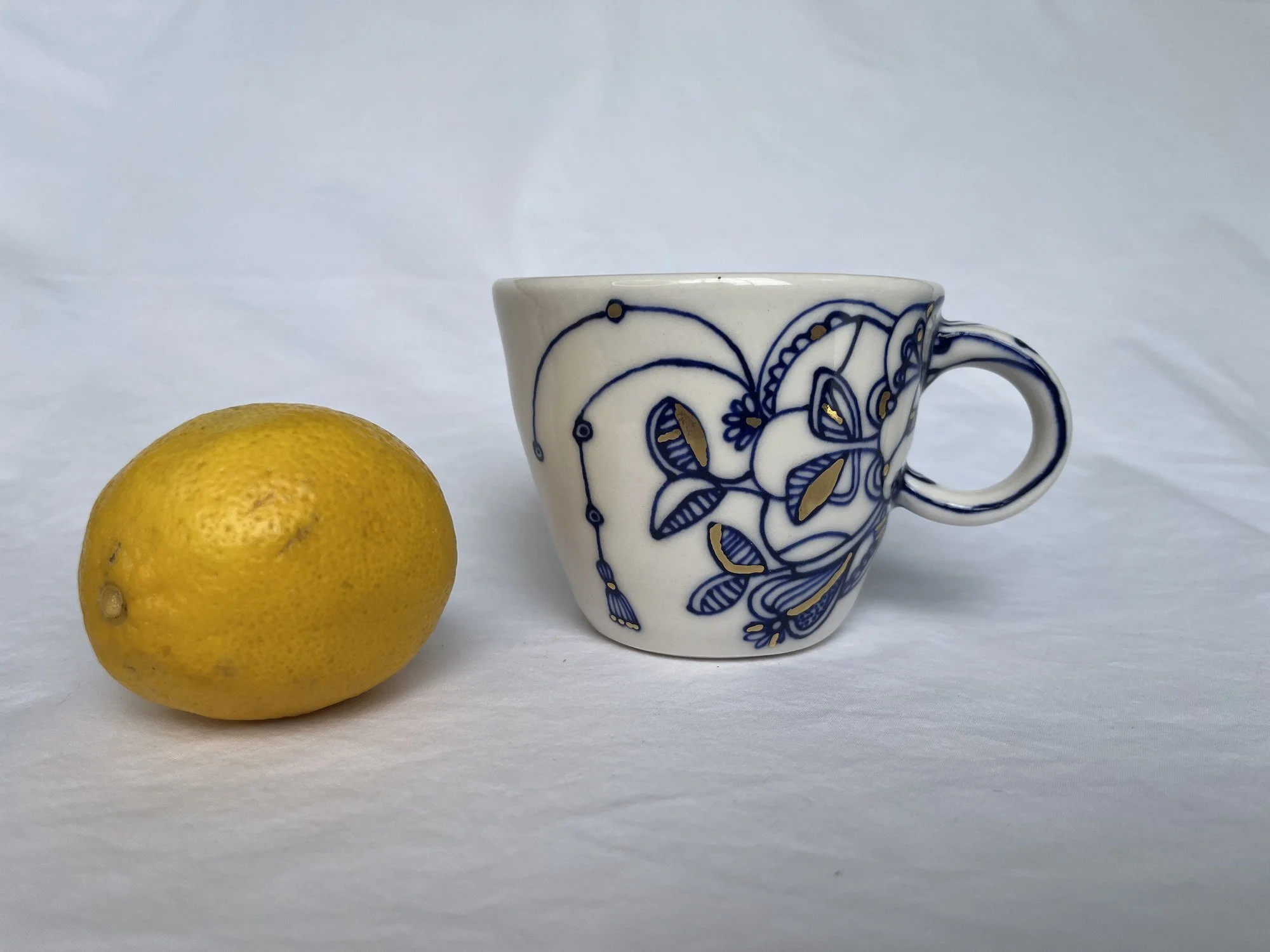 Hand-painted cobalt blue and gold luster porcelain mug No. 005 by Cypress Knees Ceramics