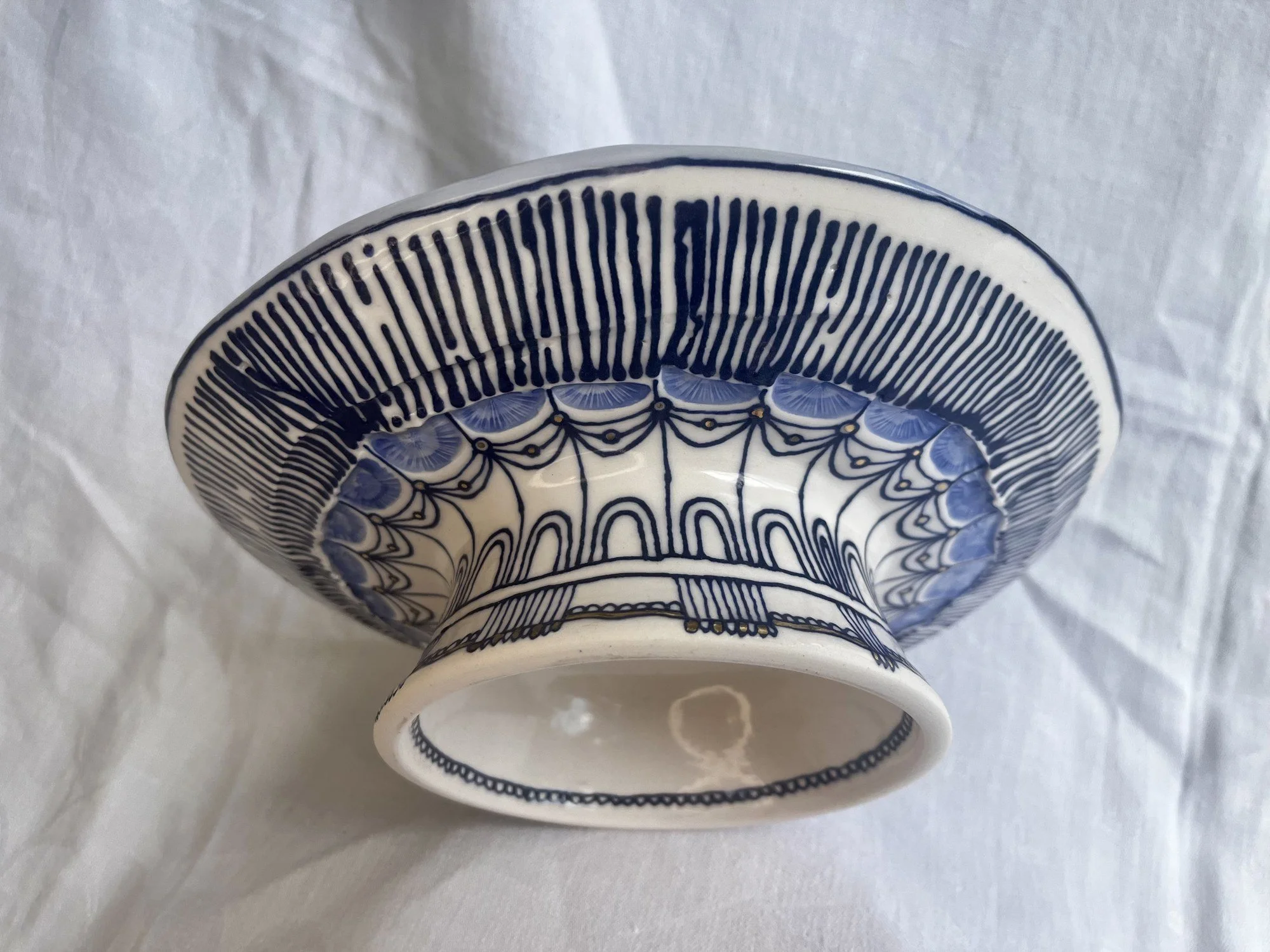 Cobalt blue line work and gold luster detail on handmade porcelain serving dish No. 001