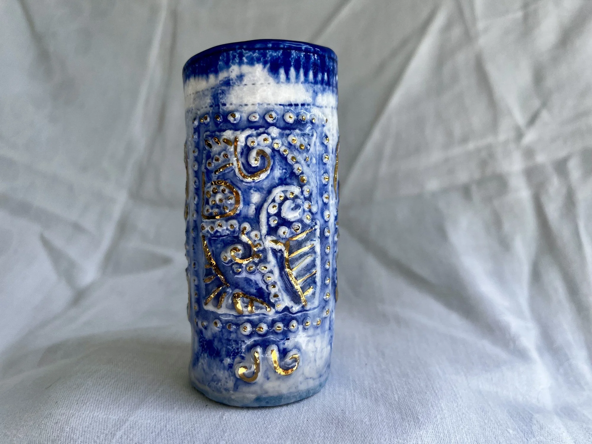 Hand-built porcelain bud vase No. 002 in cobalt blue and gold luster by Cypress Knees Ceramics