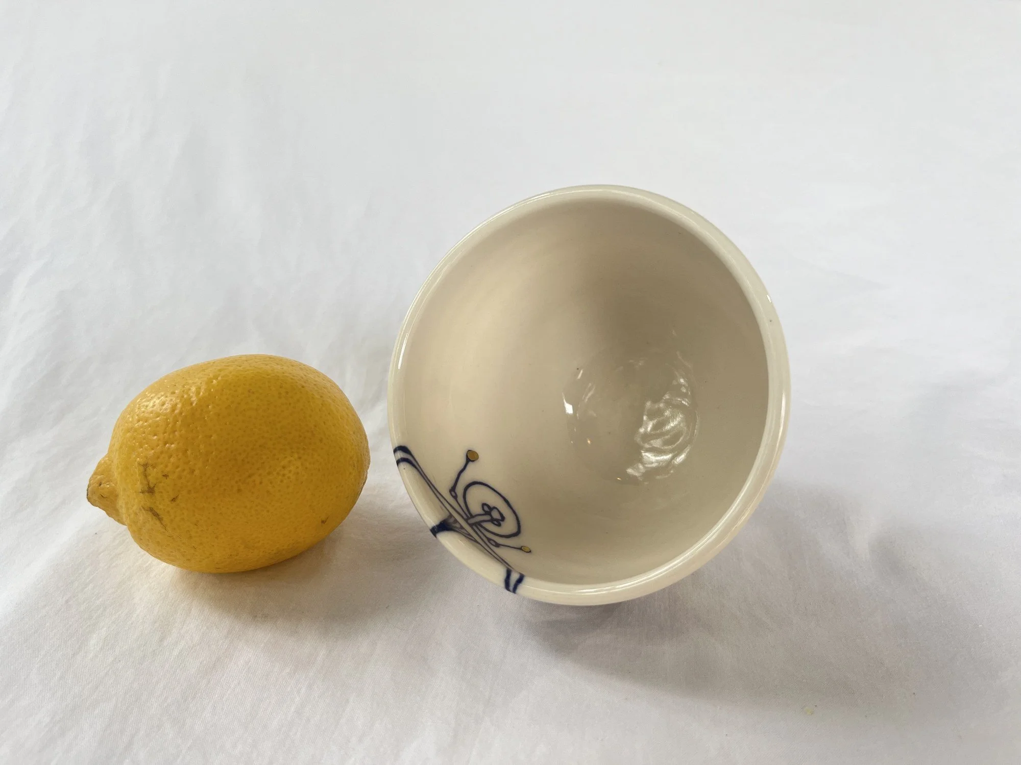 Cobalt blue line work and gold luster detail on handmade porcelain bowl No. 002