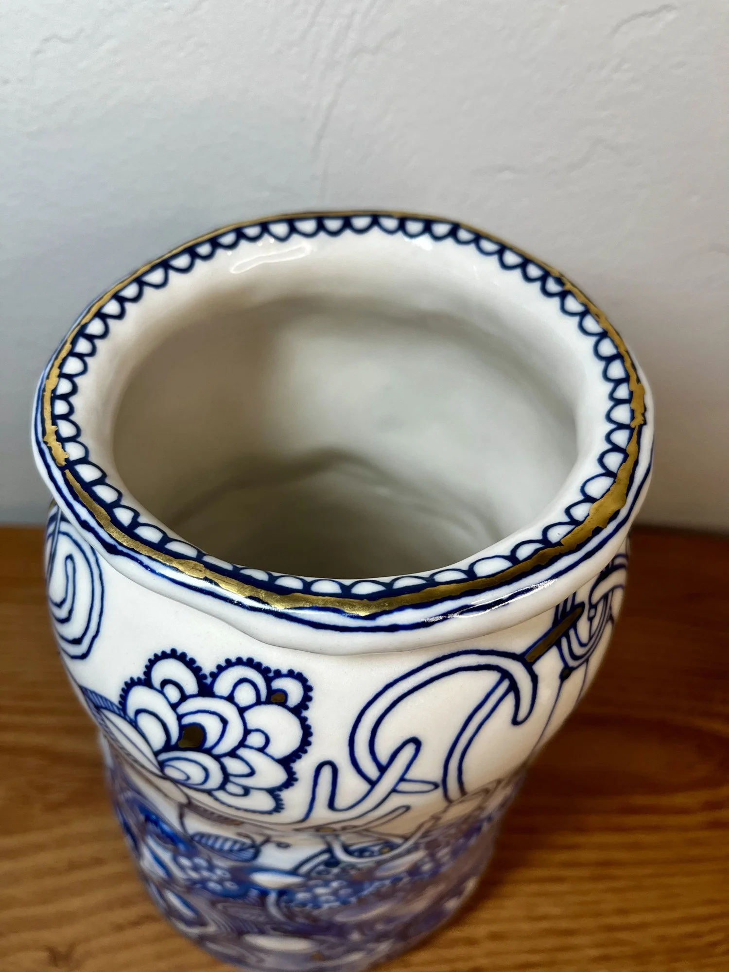 Gold luster rim and interior of handmade porcelain vase No. 001
