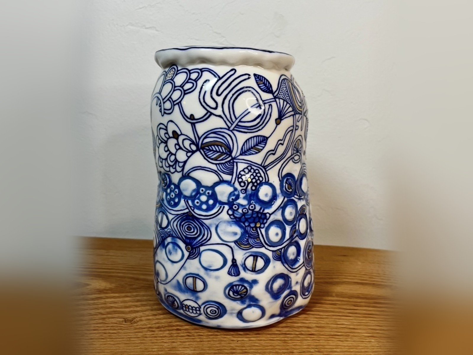 Hand-painted cobalt blue and gold luster porcelain vase No. 001