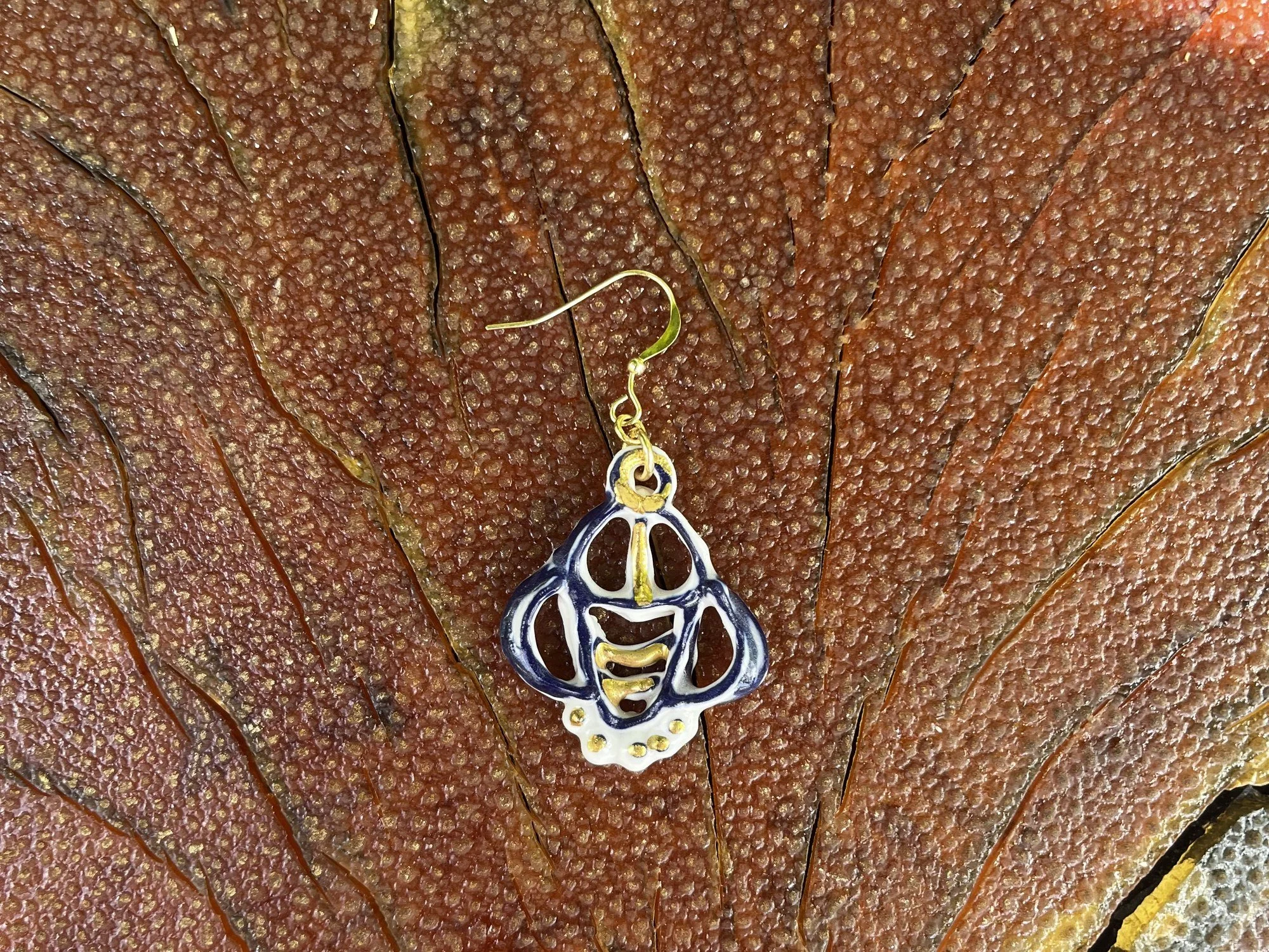Hand-crafted porcelain earring No. 006 with cobalt blue line work and gold luster detail