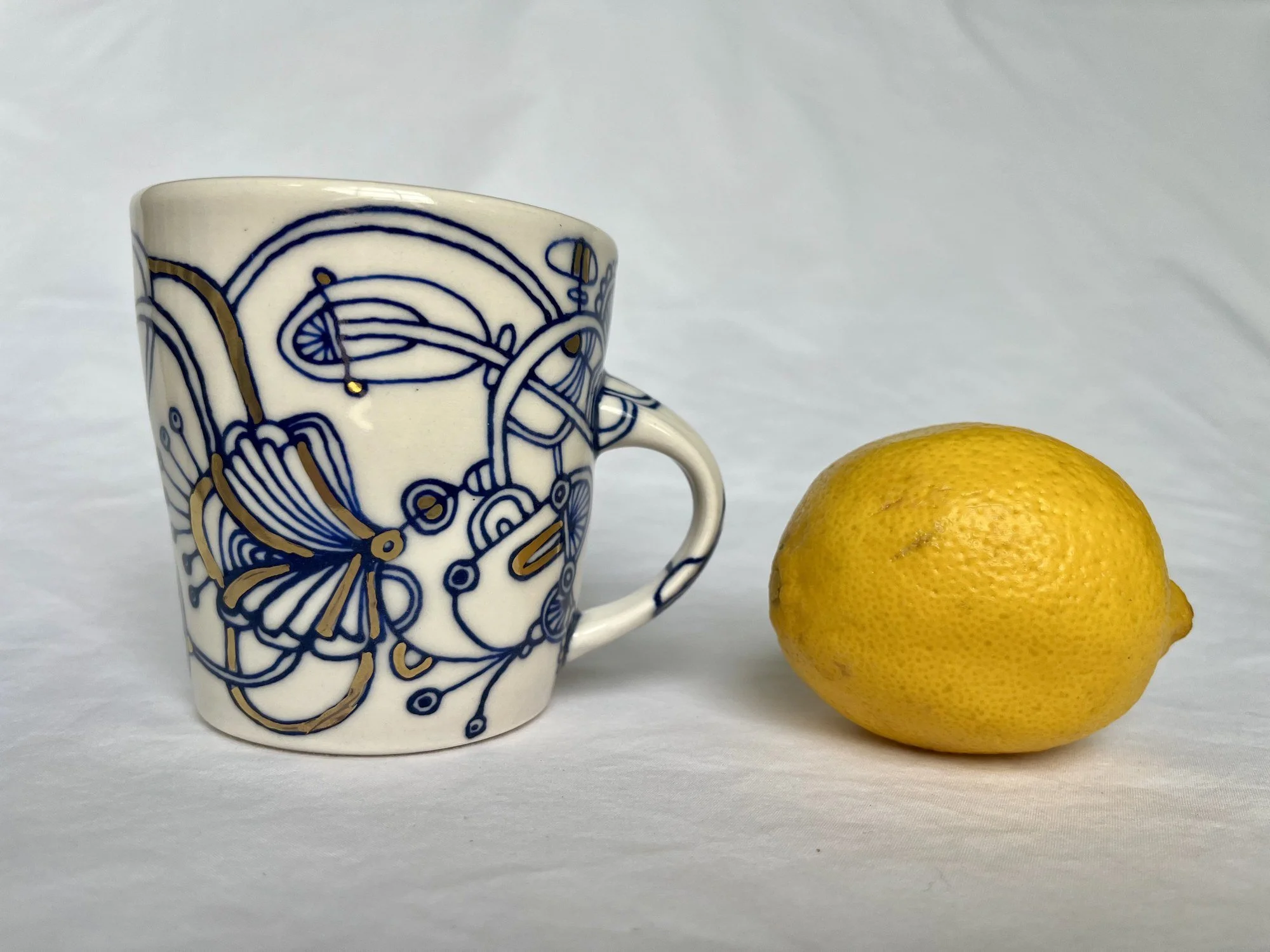 Hand-painted cobalt blue and gold luster porcelain mug No. 013 by Cypress Knees Ceramics