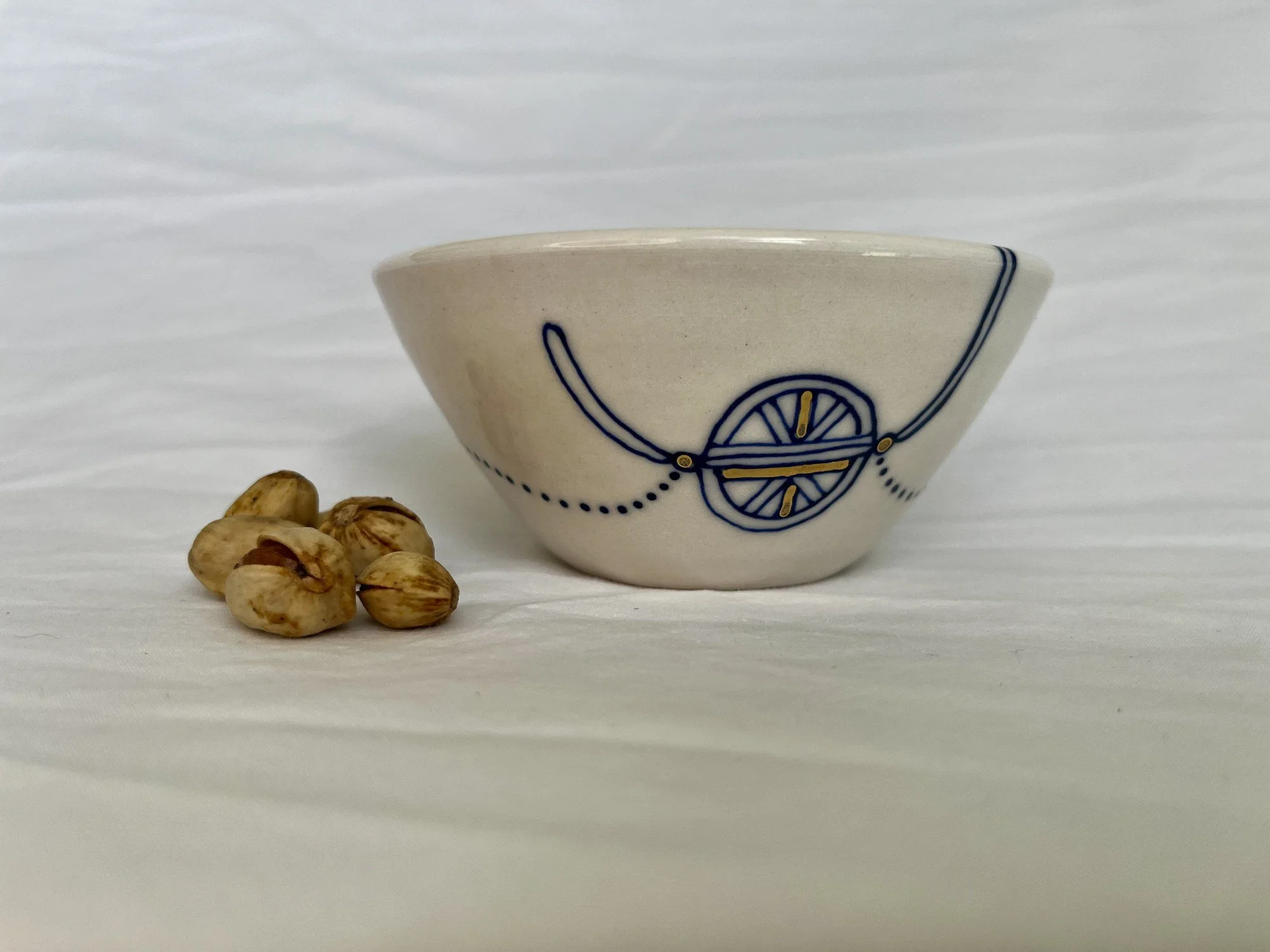 Cobalt blue line work and gold luster detail on handmade porcelain bowl No. 014