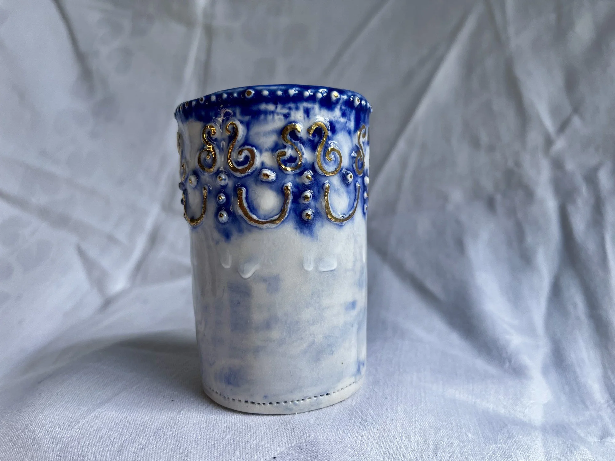 Hand-built porcelain bud vase No. 003 in cobalt blue and gold luster by Cypress Knees Ceramics