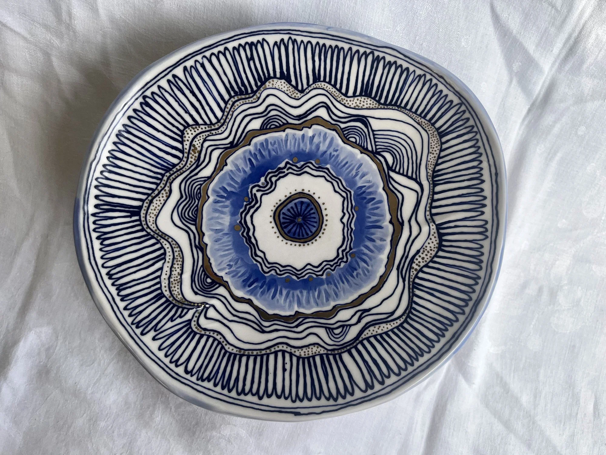 Freehand cobalt blue pattern drawn on a handmade porcelain serving dish No. 001