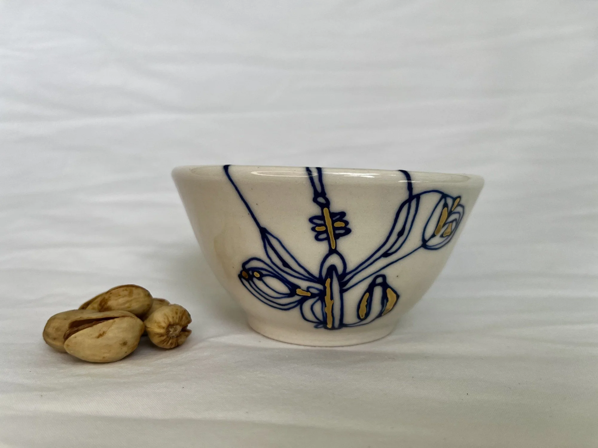 Cobalt blue line work and gold luster detail on handmade porcelain bowl No. 017