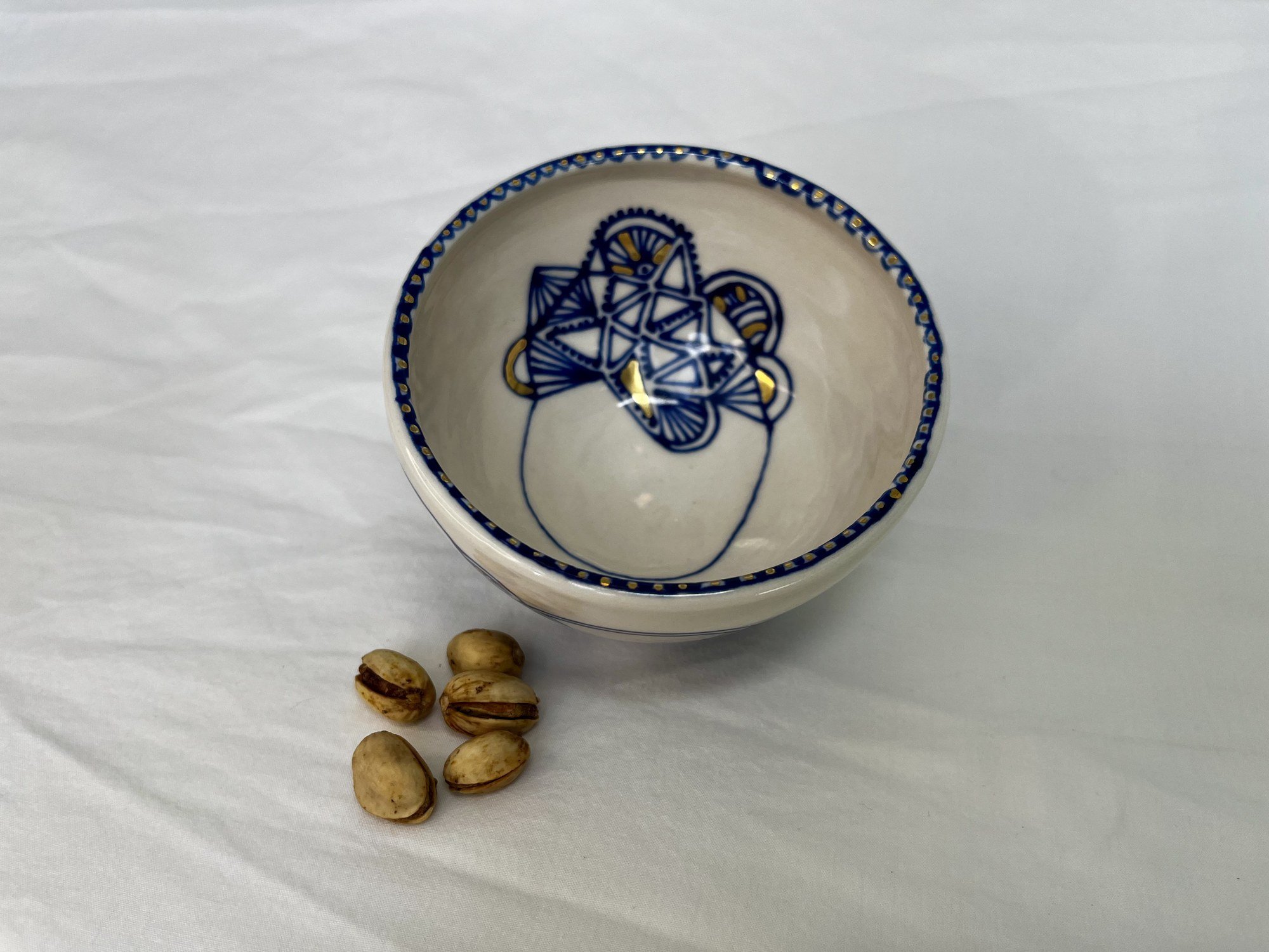 Additional view of hand-painted cobalt and gold luster porcelain bowl No. 009