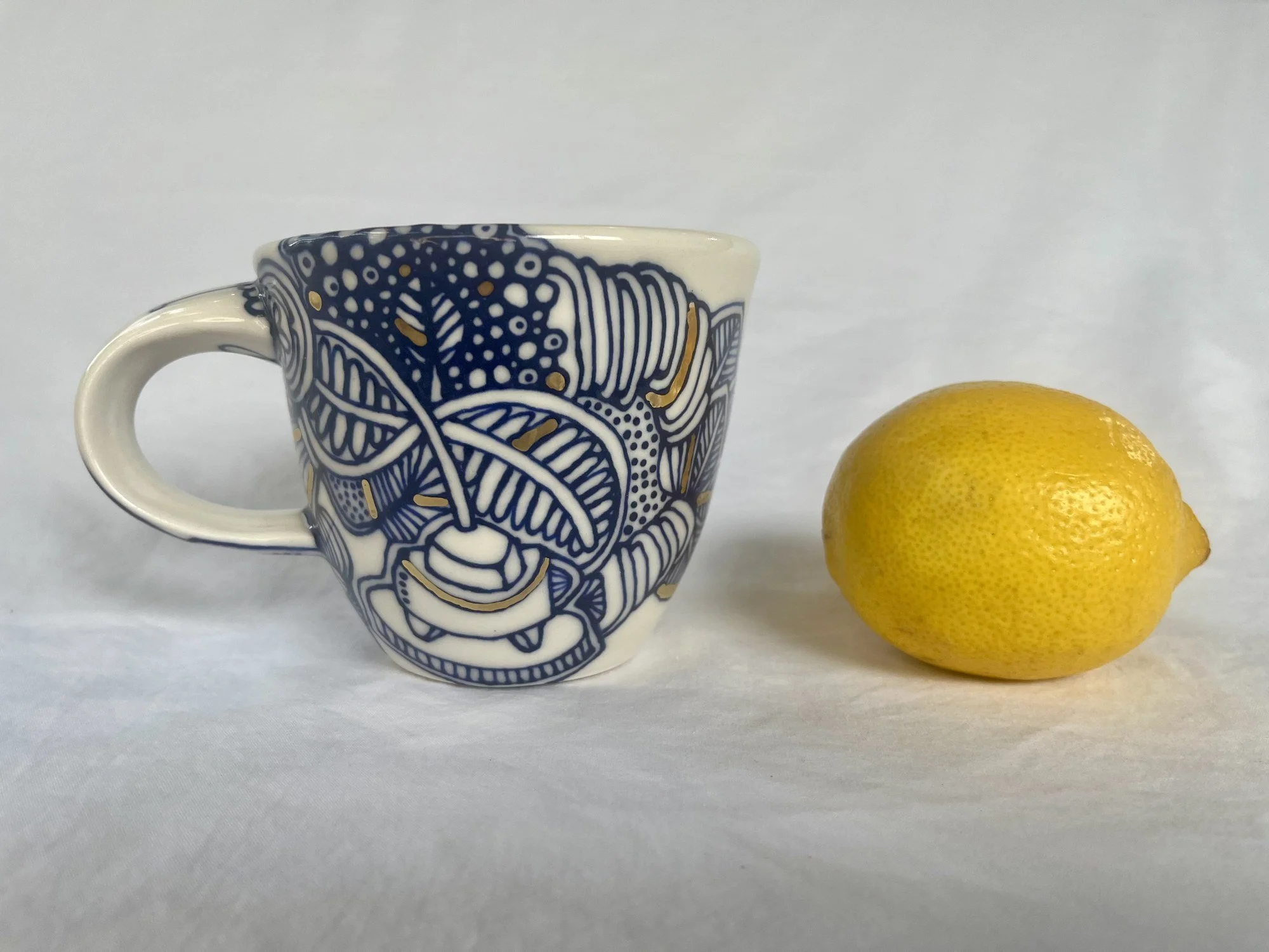 Hand-painted cobalt blue and gold luster porcelain mug No. 020 by Cypress Knees Ceramics