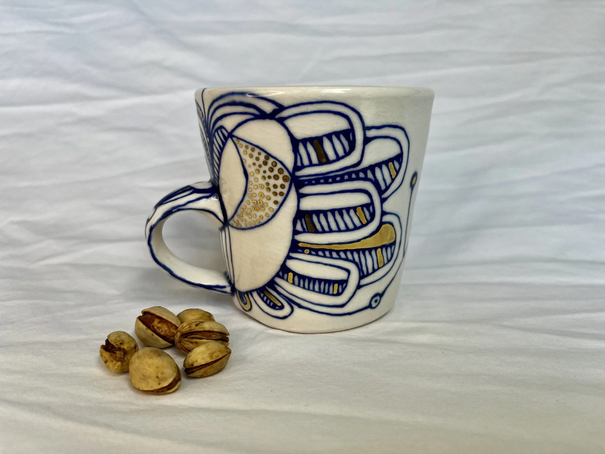 Hand-painted cobalt blue and gold luster porcelain mug No. 024 by Cypress Knees Ceramics