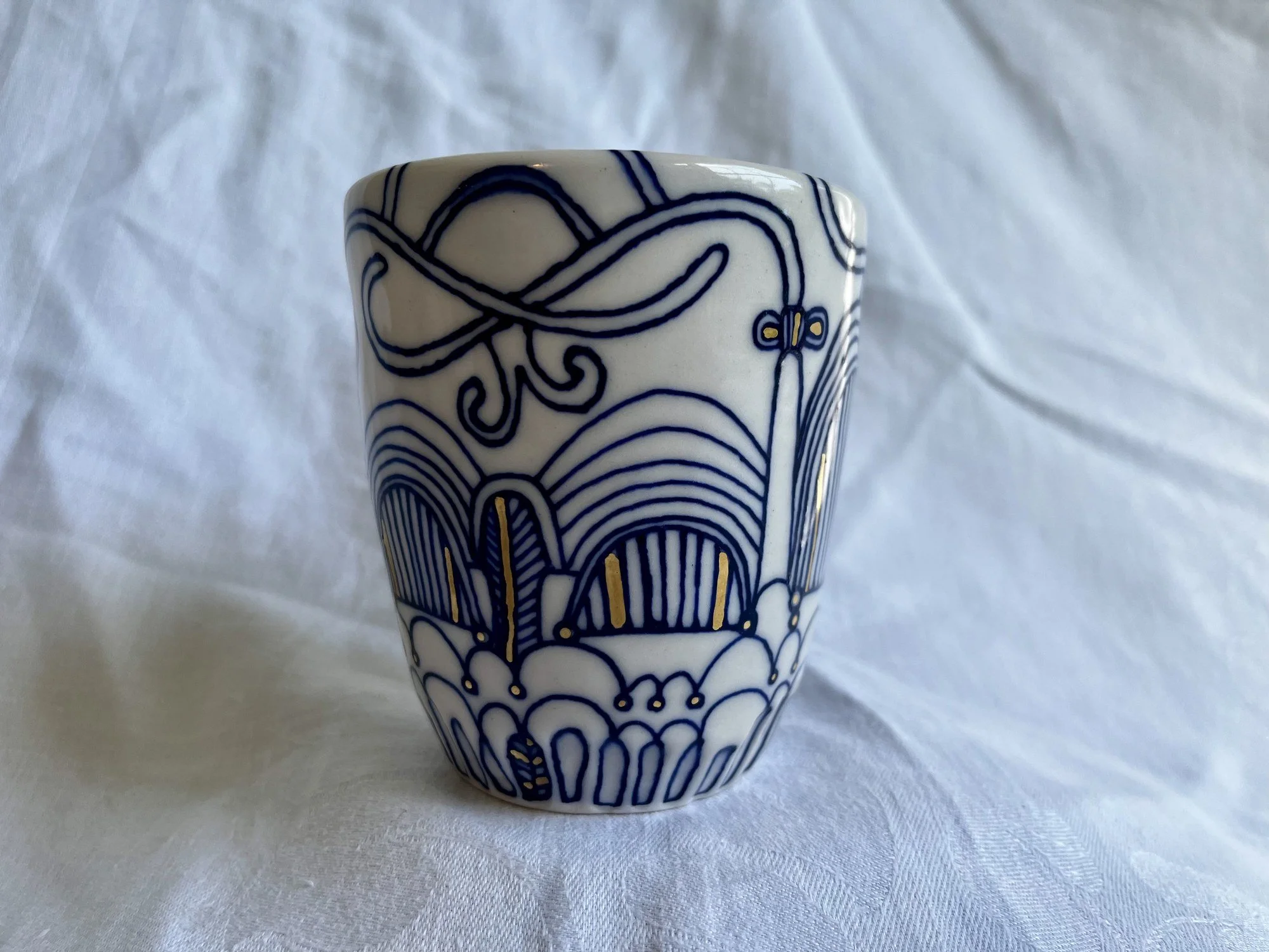 Cobalt blue line work and gold luster detail on handmade porcelain tumbler No. 003