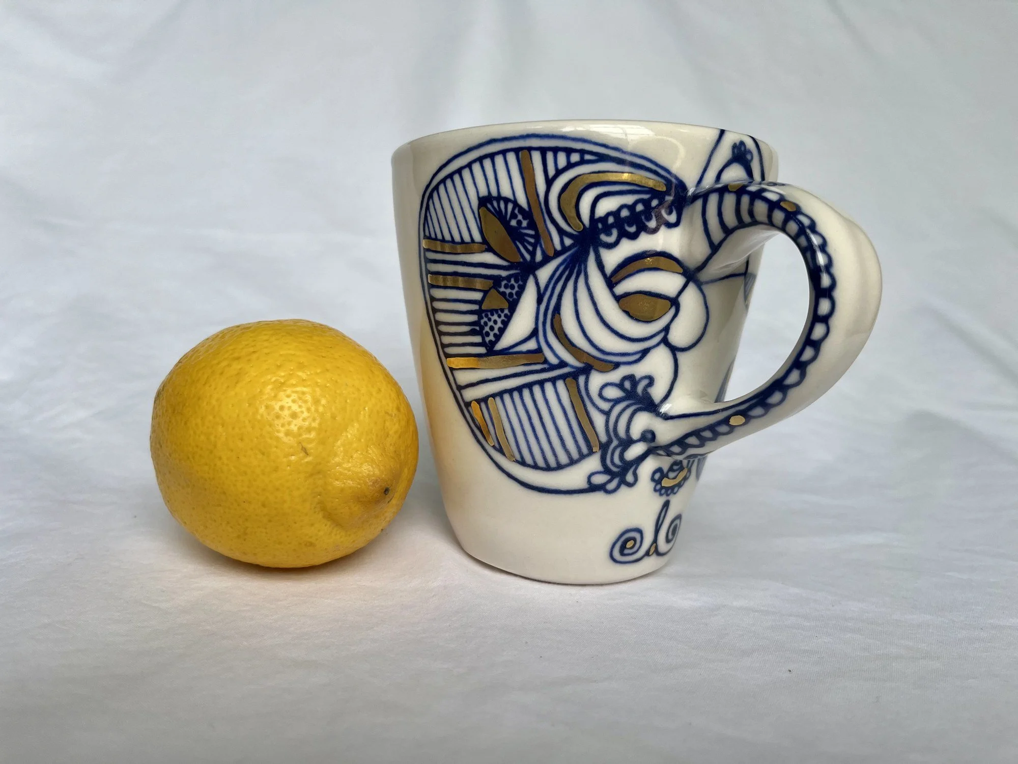Hand-painted cobalt blue and gold luster porcelain mug No. 010 by Cypress Knees Ceramics