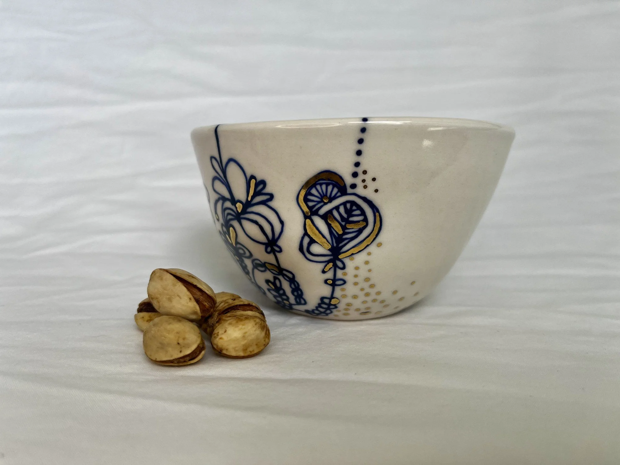 Cobalt blue line work and gold luster detail on handmade porcelain bowl No. 013