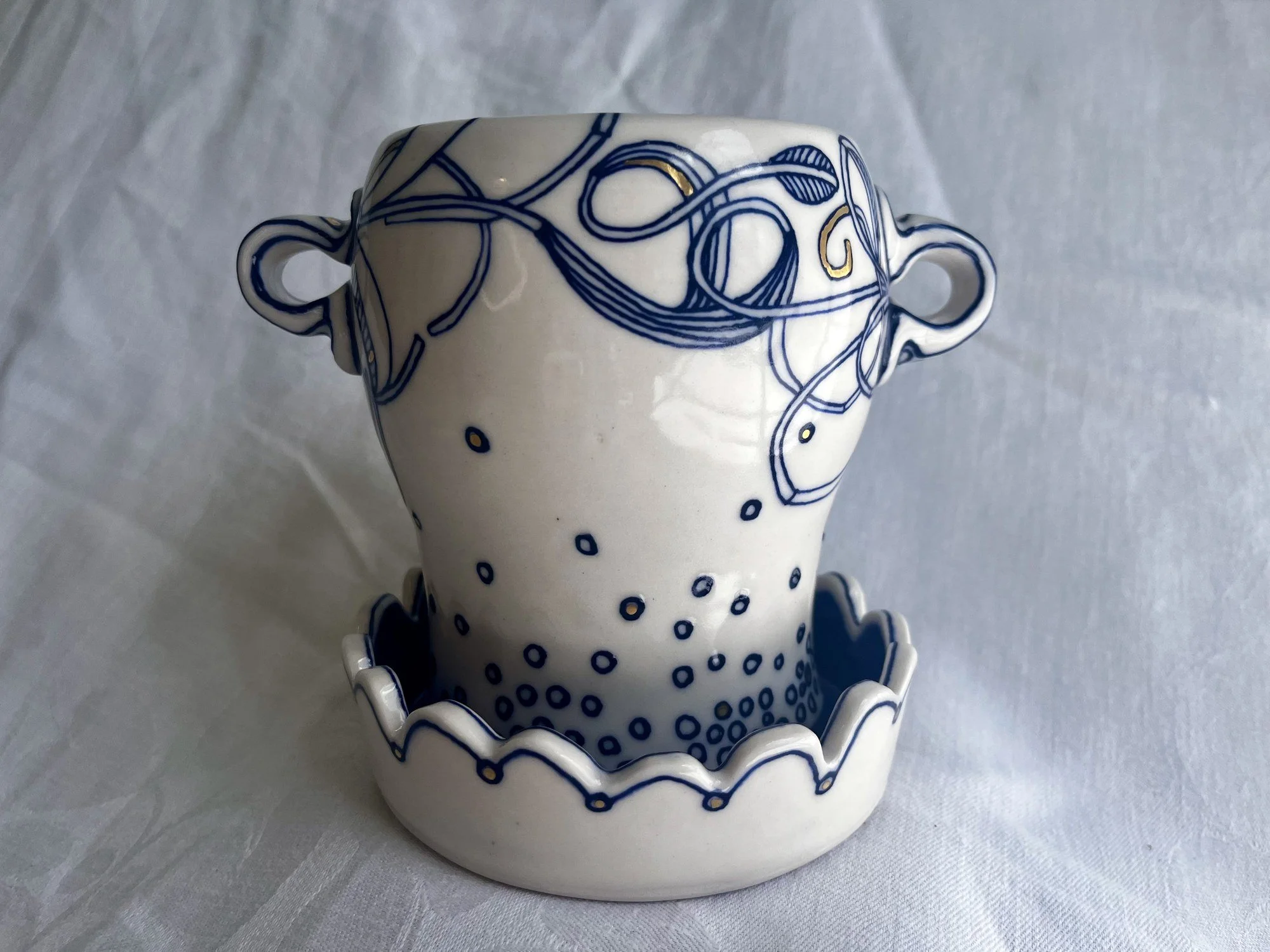 Hand-thrown porcelain planter with matching saucer in cobalt blue and gold luster by Cypress Knees Ceramics