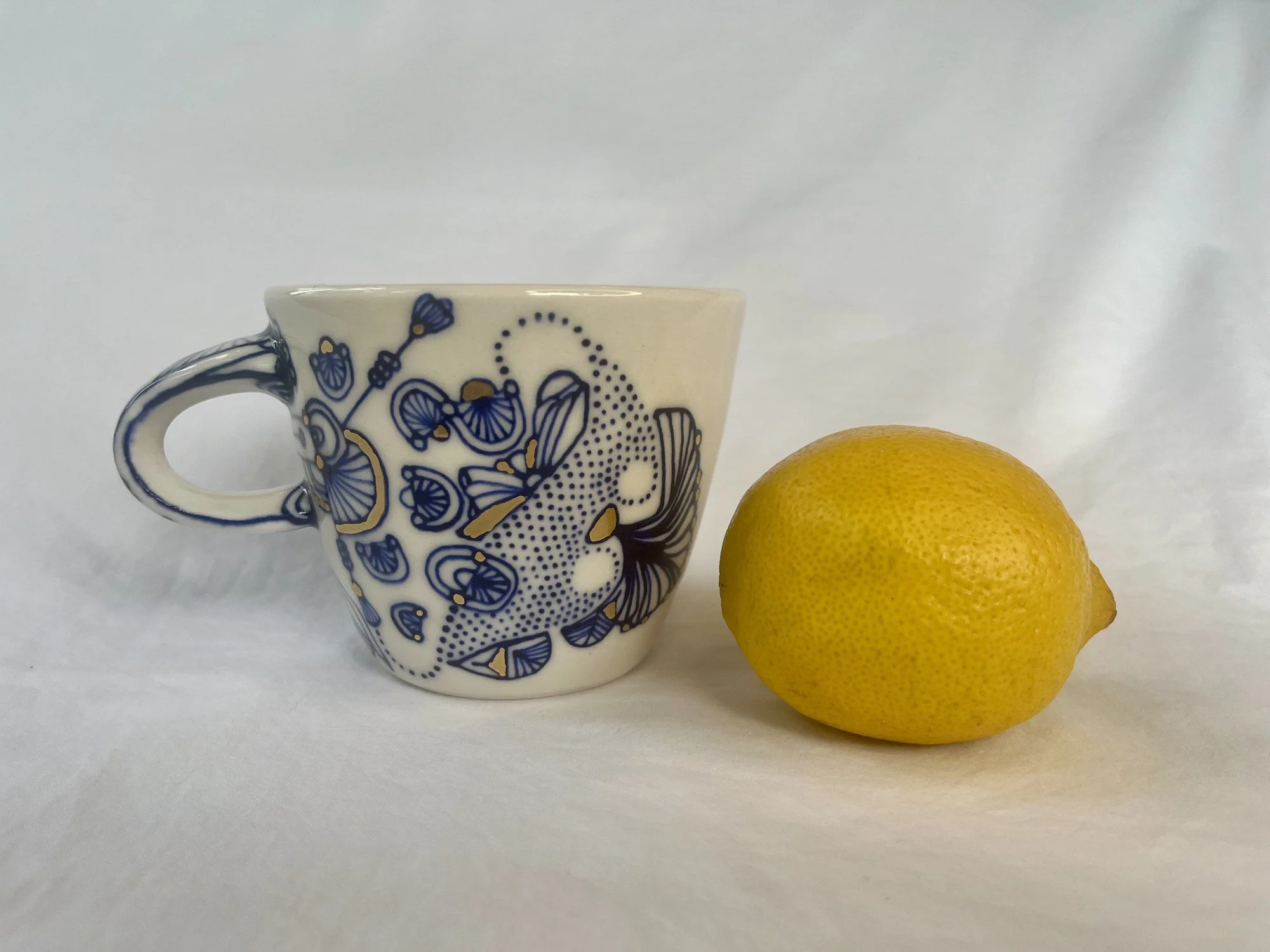 Cobalt blue line work and gold luster detail on handmade porcelain mug No. 019