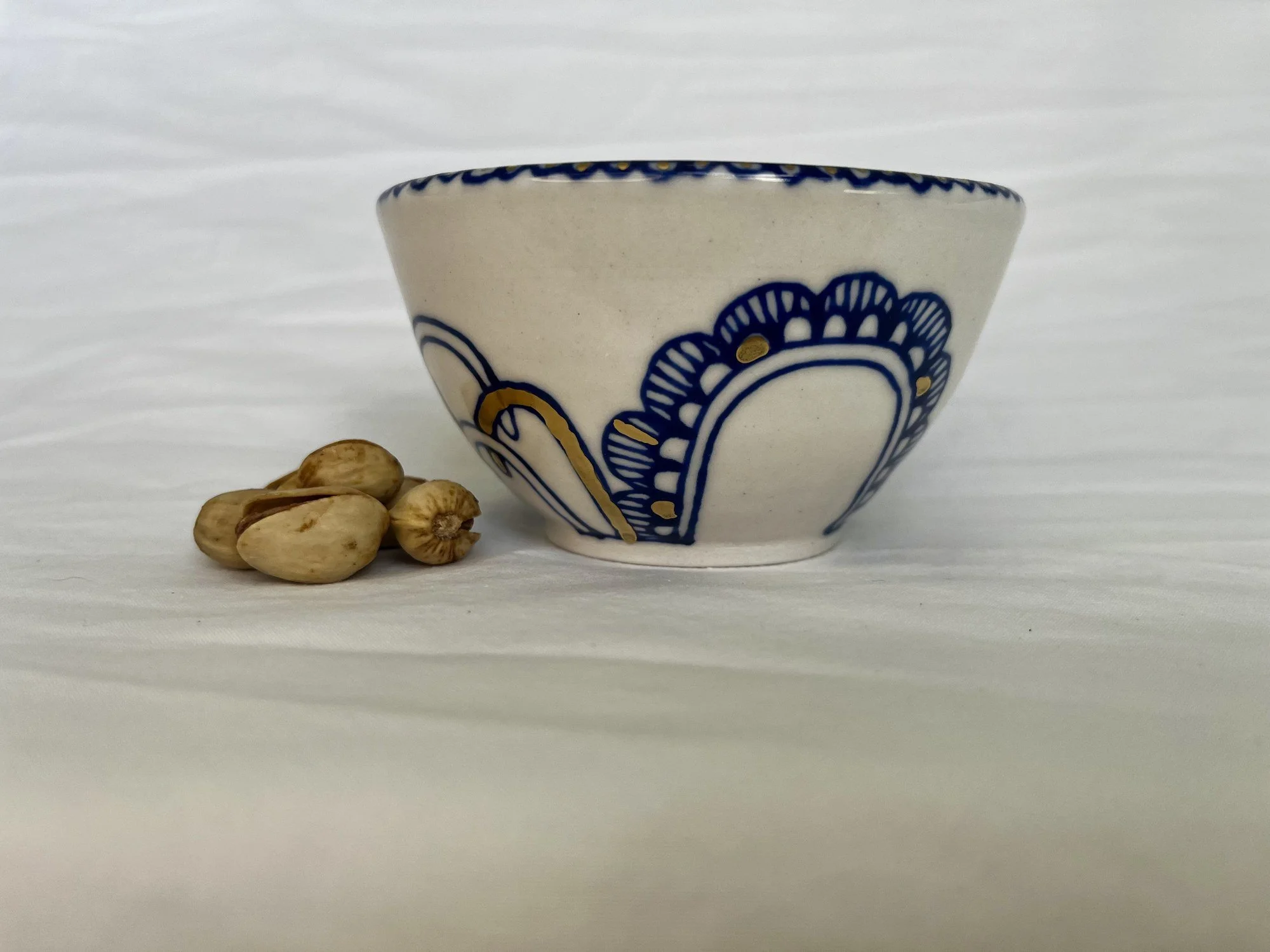 Cobalt blue line work and gold luster detail on handmade porcelain bowl No. 016