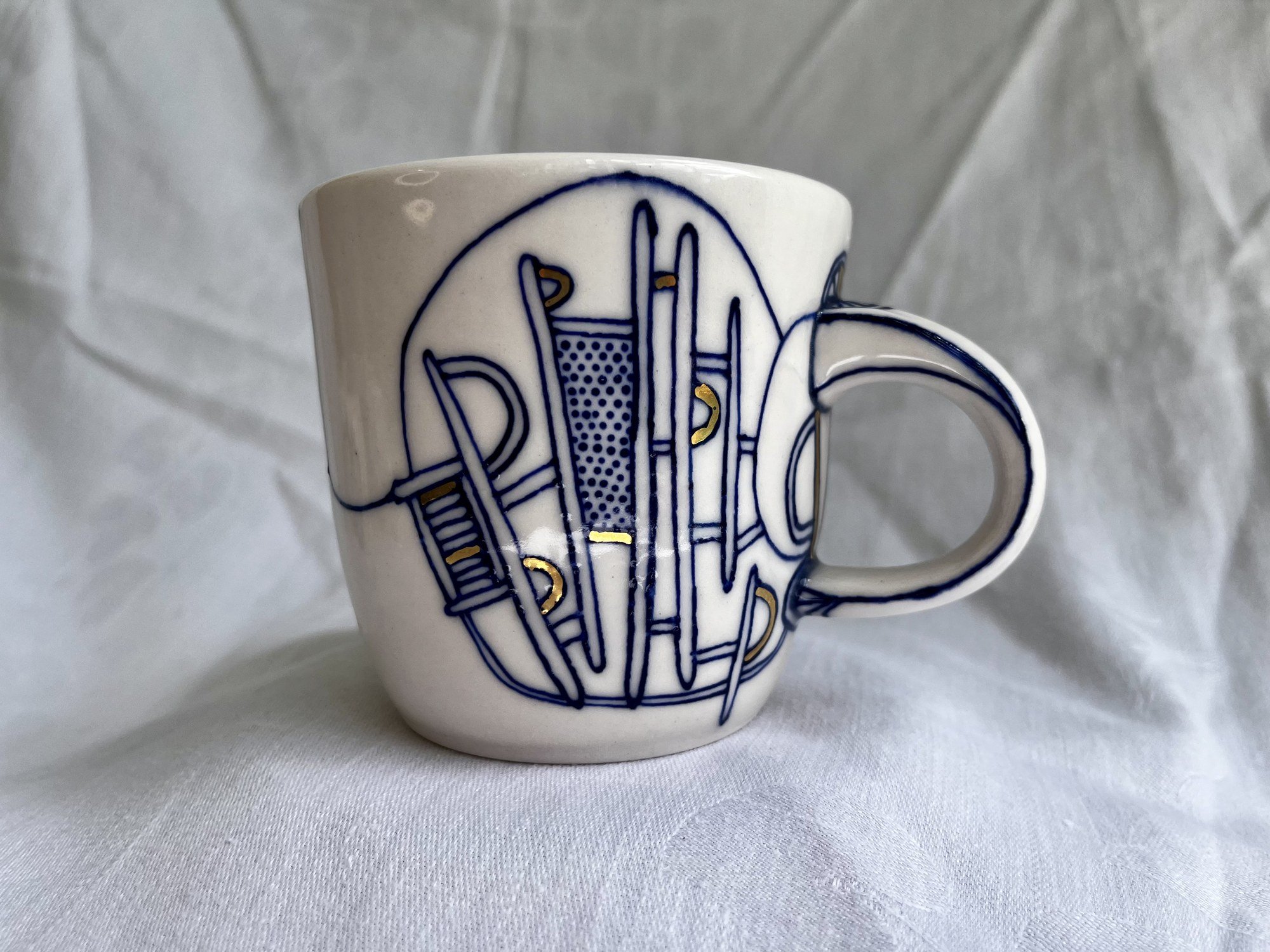 Hand-painted cobalt blue and gold luster porcelain mug No. 030 by Cypress Knees Ceramics