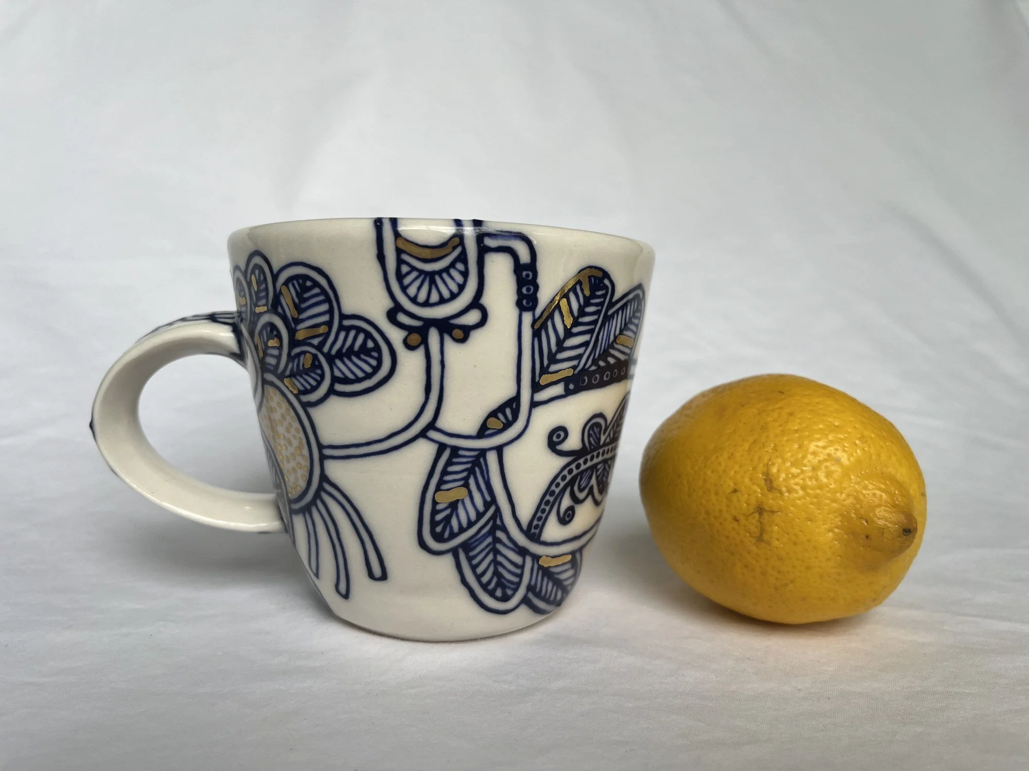 Hand-painted cobalt blue and gold luster porcelain mug No. 018 by Cypress Knees Ceramics