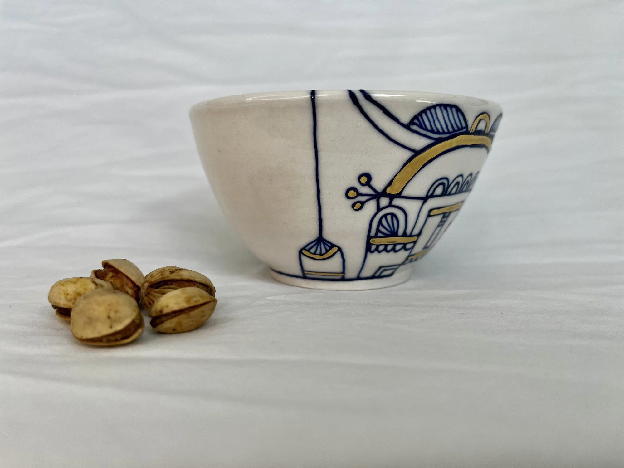Cobalt blue line work and gold luster detail on handmade porcelain bowl No. 008
